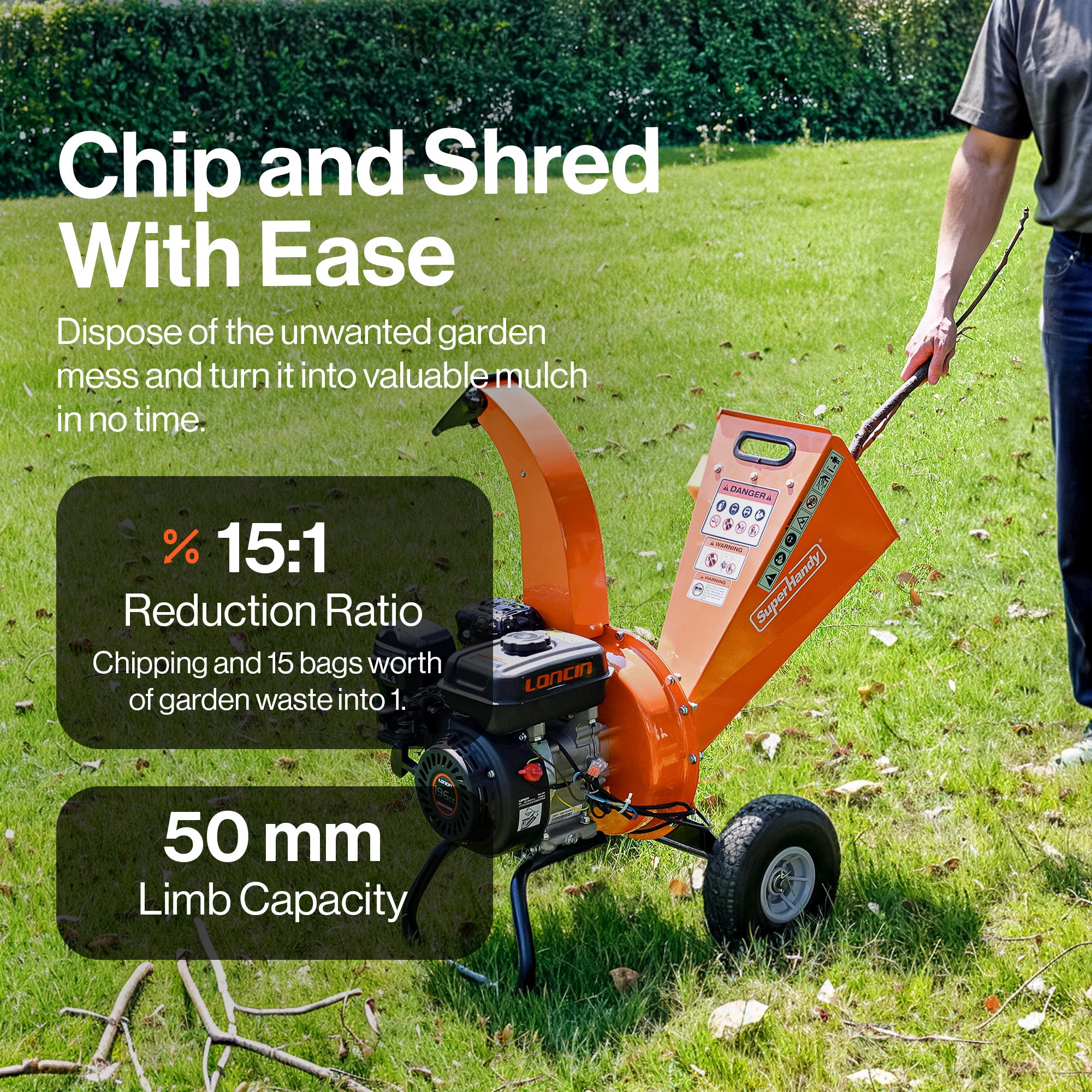 SuperHandy Mini Wood Chipper Shredder Mulcher Heavy Duty 196cc Compact Design 50mm Max Capacity