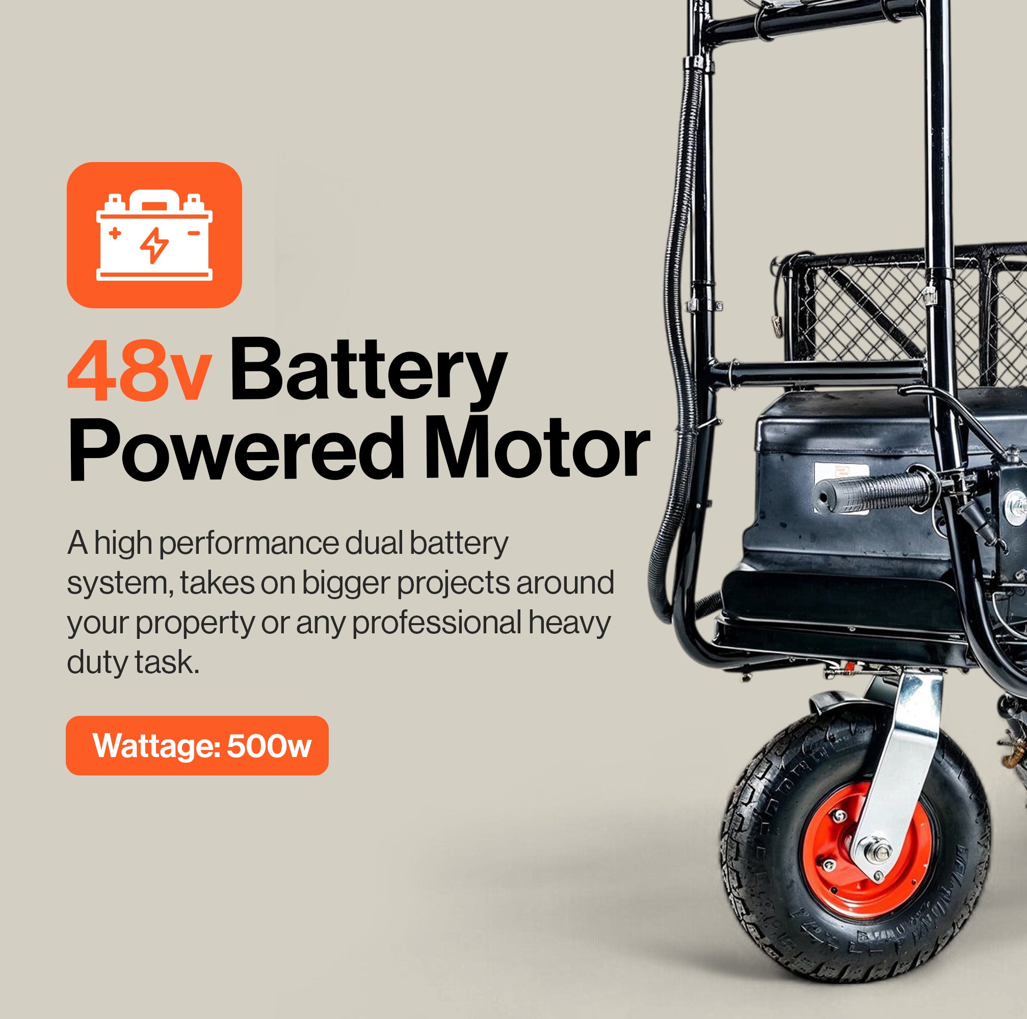 SuperHandy Utility Service Cart Power Wagon Wheelbarrow Electric 48V DC Li-Ion Powered 500Lbs Load and 1000Lbs+ Hauling Capacity Farm and Garden All Purpose Modular Cargo Bed