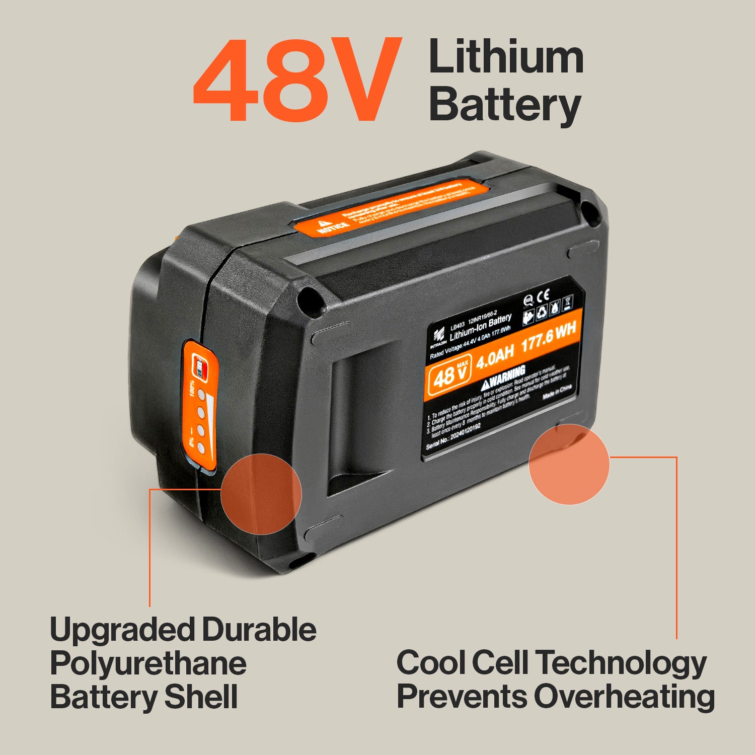 SuperHandy 48V 4Ah Lithium-Ion Battery, 177.6Wh Rechargeable Power Pack - Compatible with 48V Snow Thrower, Mobility Scooter, Utility Cart, Wheelbarrow - Not for Capstan Winch (Battery Only)