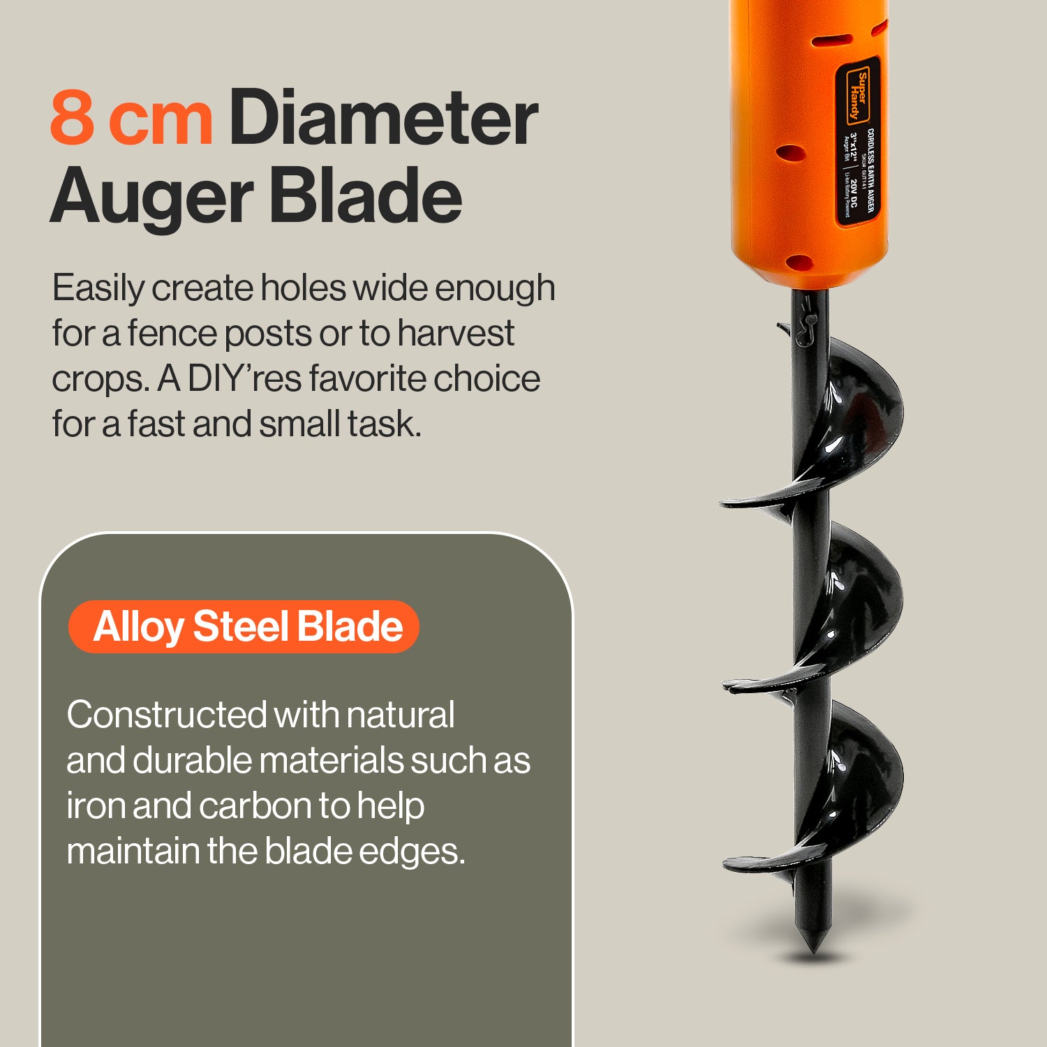 SuperHandy Earth Auger Electric Power Head w/ 30cm x 8cm Auger Bit 20V 4Ah Rechargeable Battery/Charger for Earth Burrowing/Drilling & Post Hole Digging