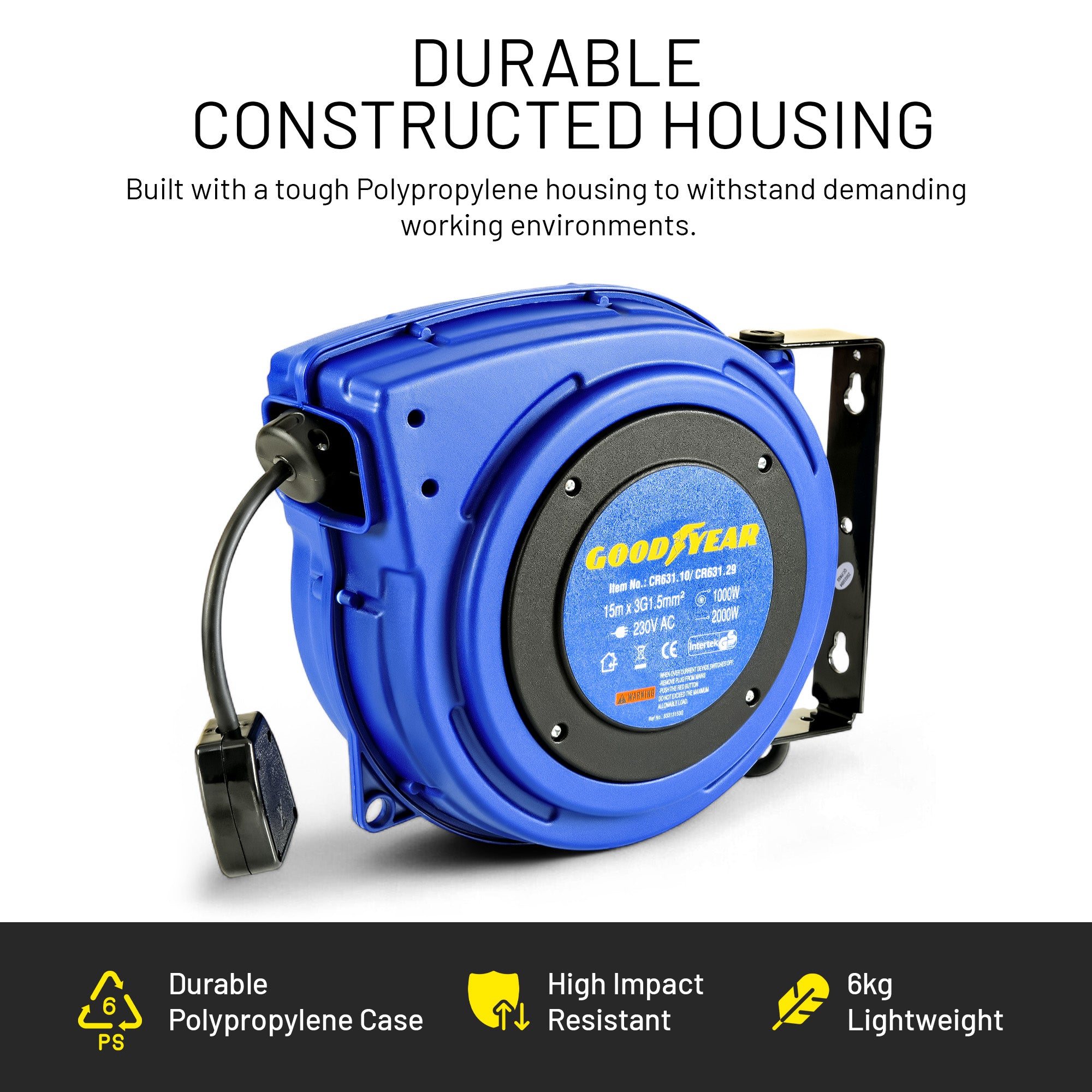 Goodyear Heavy Duty Extension Cable Reel: Retractable 15m x 3G1.5mm2 H07RN-F, UK Plug Type 230V AC, 8.6A 1000W Wound/2000W Unwound