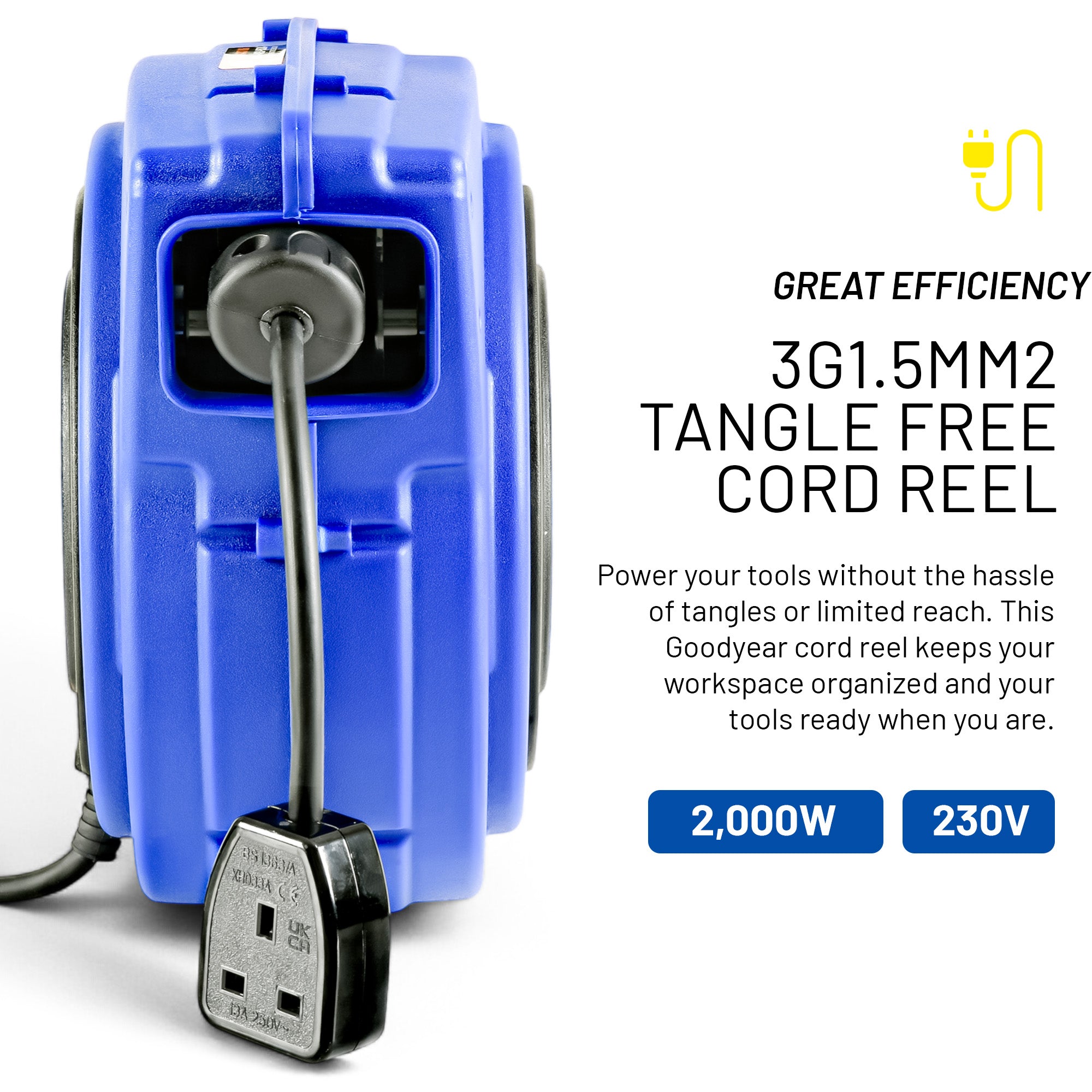 Goodyear Heavy Duty Extension Cable Reel: Retractable 15m x 3G1.5mm2 H07RN-F, UK Plug Type 230V AC, 8.6A 1000W Wound/2000W Unwound