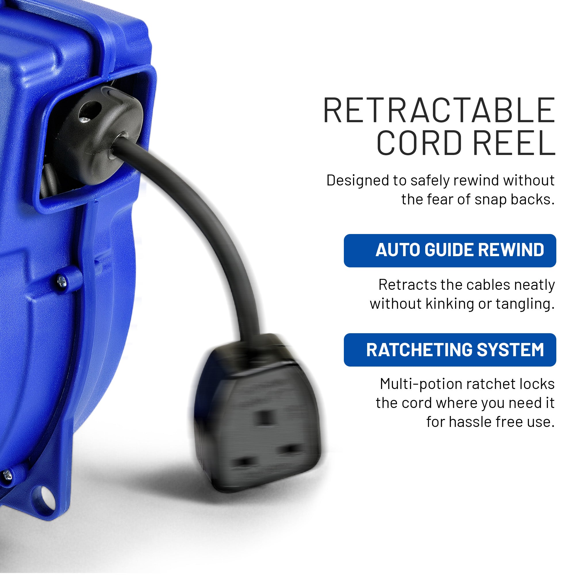 Goodyear Heavy Duty Extension Cable Reel: Retractable 15m x 3G1.5mm2 H07RN-F, UK Plug Type 230V AC, 8.6A 1000W Wound/2000W Unwound