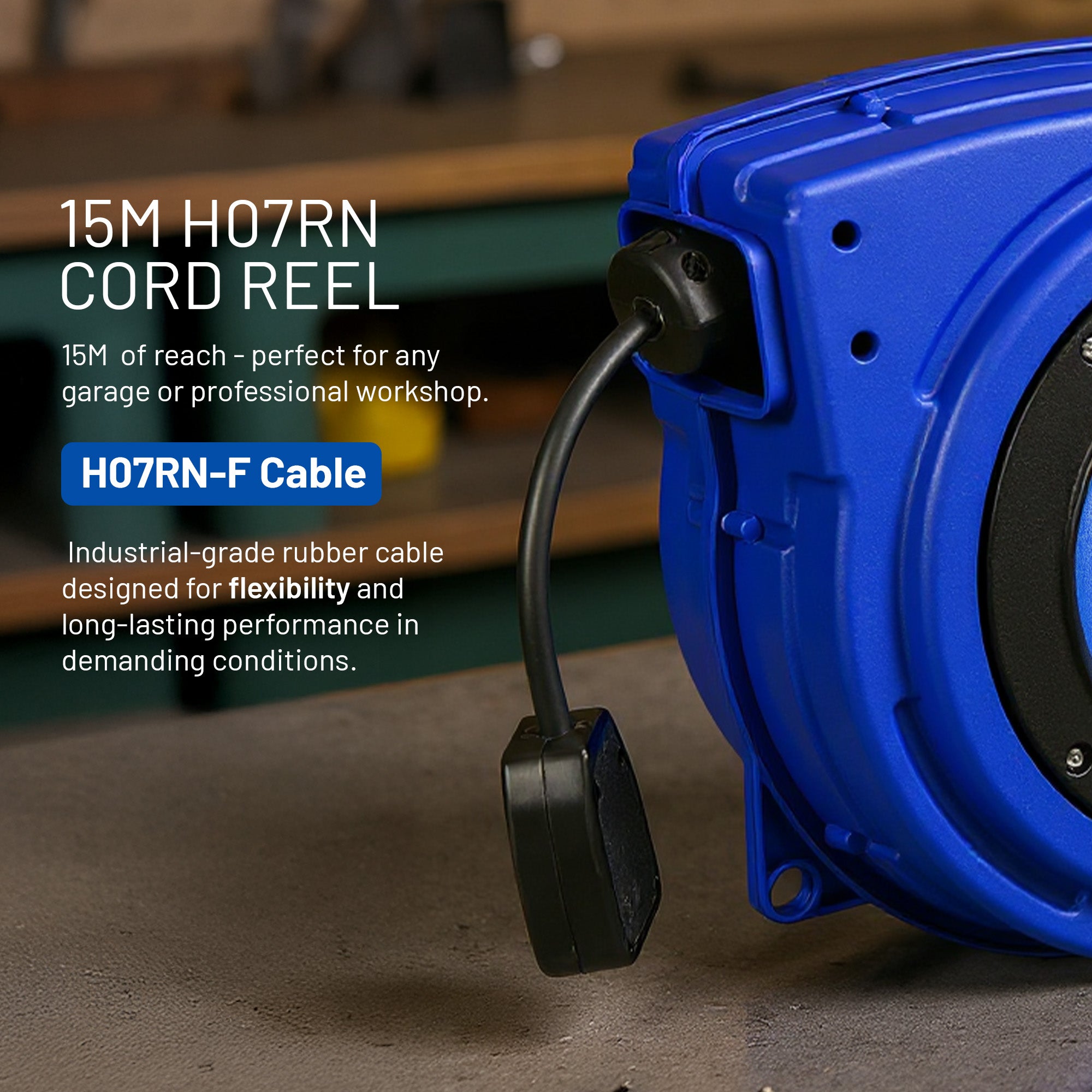 Goodyear Heavy Duty Extension Cable Reel: Retractable 15m x 3G1.5mm2 H07RN-F, UK Plug Type 230V AC, 8.6A 1000W Wound/2000W Unwound