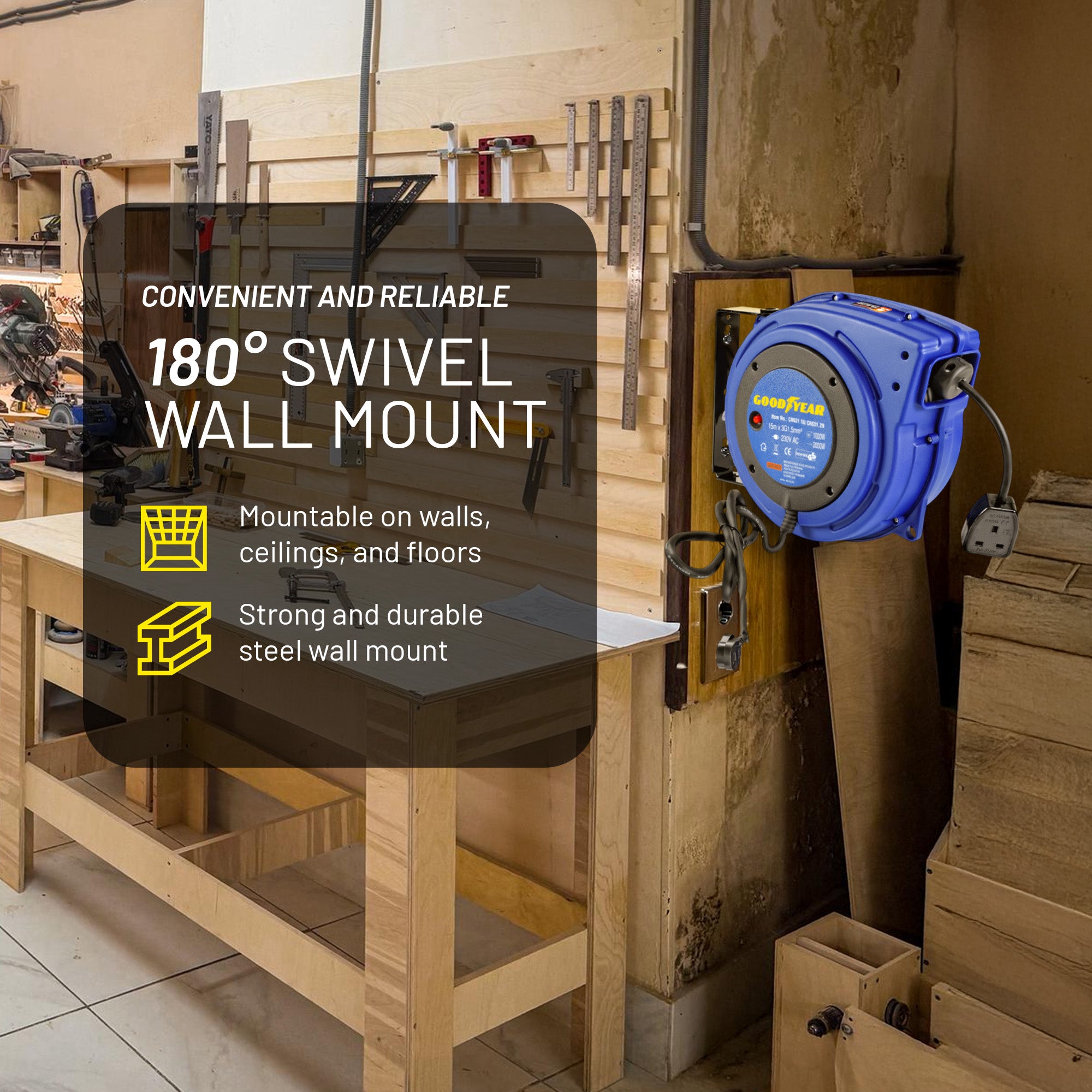 Goodyear Heavy Duty Extension Cable Reel: Retractable 15m x 3G1.5mm2 H07RN-F, UK Plug Type 230V AC, 8.6A 1000W Wound/2000W Unwound