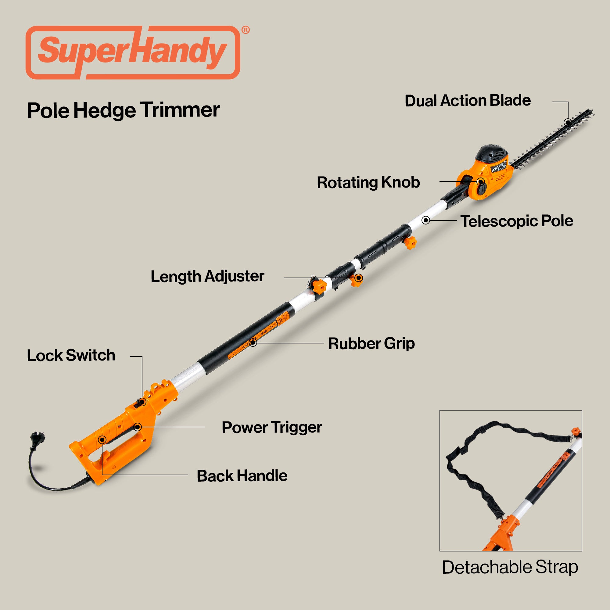 SuperHandy Electric Pole Hedge Trimmer, Extends to 2.7m - 550W Long Reach Cutter with 51cm Dual-Action Blade, 4-Position Adjustable Head, 16mm Cutting Capacity, 10m Cord, Lightweight 3.7kg