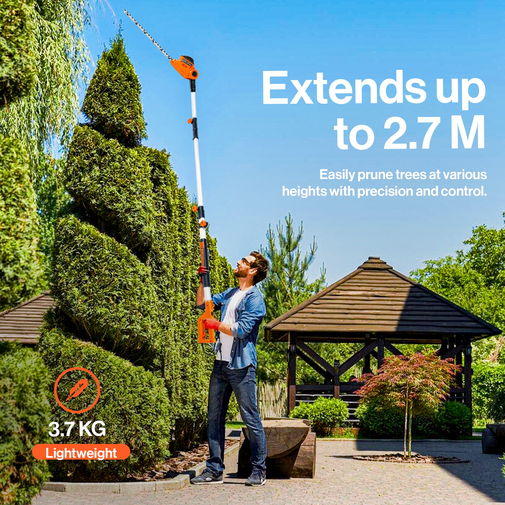 SuperHandy Electric Pole Hedge Trimmer, Extends to 2.7m - 550W Long Reach Cutter with 51cm Dual-Action Blade, 4-Position Adjustable Head, 16mm Cutting Capacity, 10m Cord, Lightweight 3.7kg