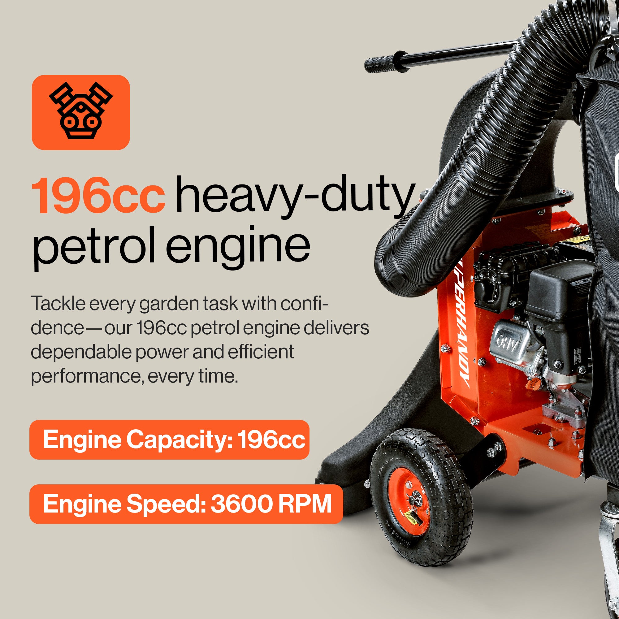 SuperHandy Leaf Vacuum & Wood Chipper -196CC Gas Engine, 10:1 Mulch Ratio, 175 L Collection Bag Capacity, Castor Wheels, Dual Function: Walk-Behind Leaf Vacuum Mulcher & Wood Chipper