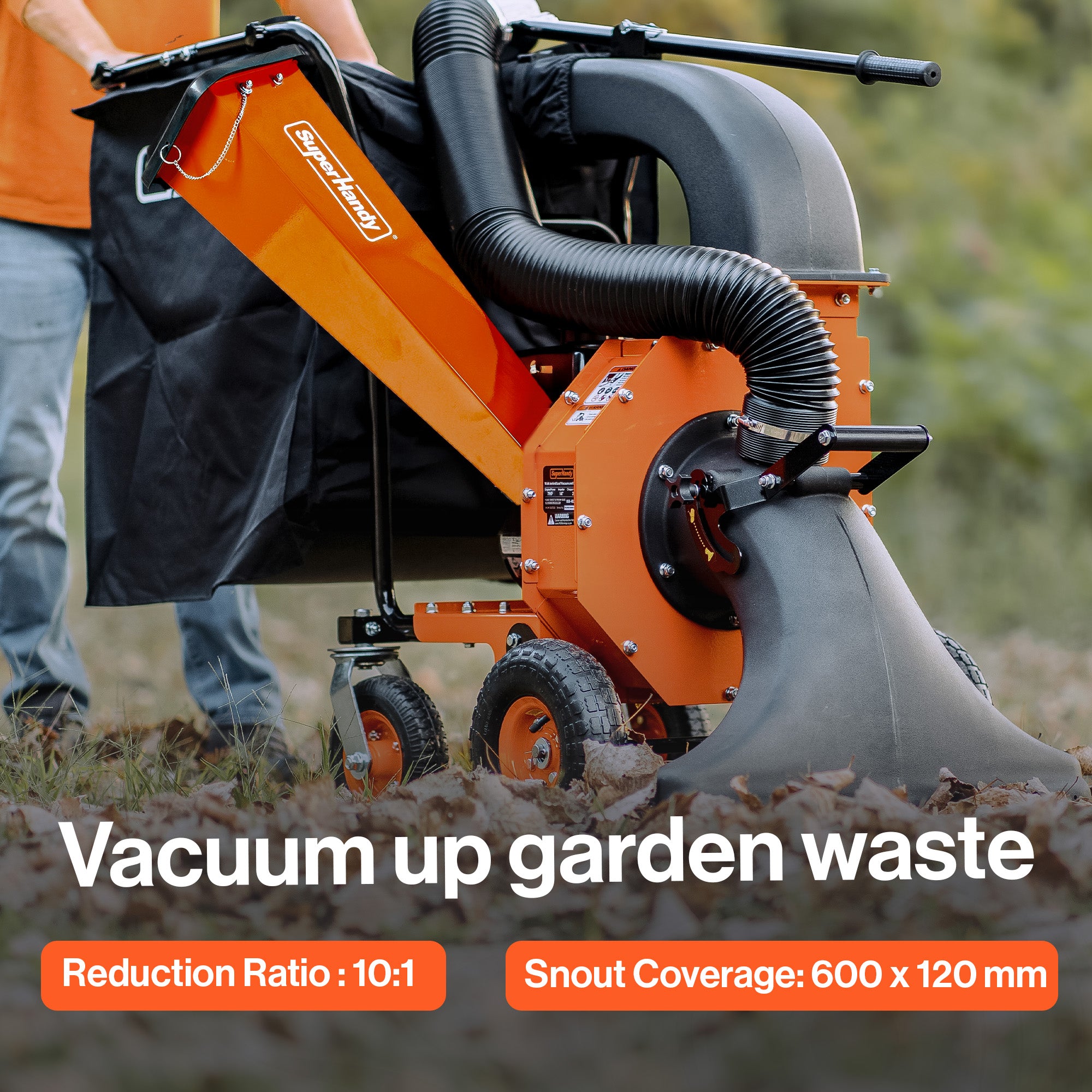 SuperHandy Leaf Vacuum & Wood Chipper -196CC Gas Engine, 10:1 Mulch Ratio, 175 L Collection Bag Capacity, Castor Wheels, Dual Function: Walk-Behind Leaf Vacuum Mulcher & Wood Chipper