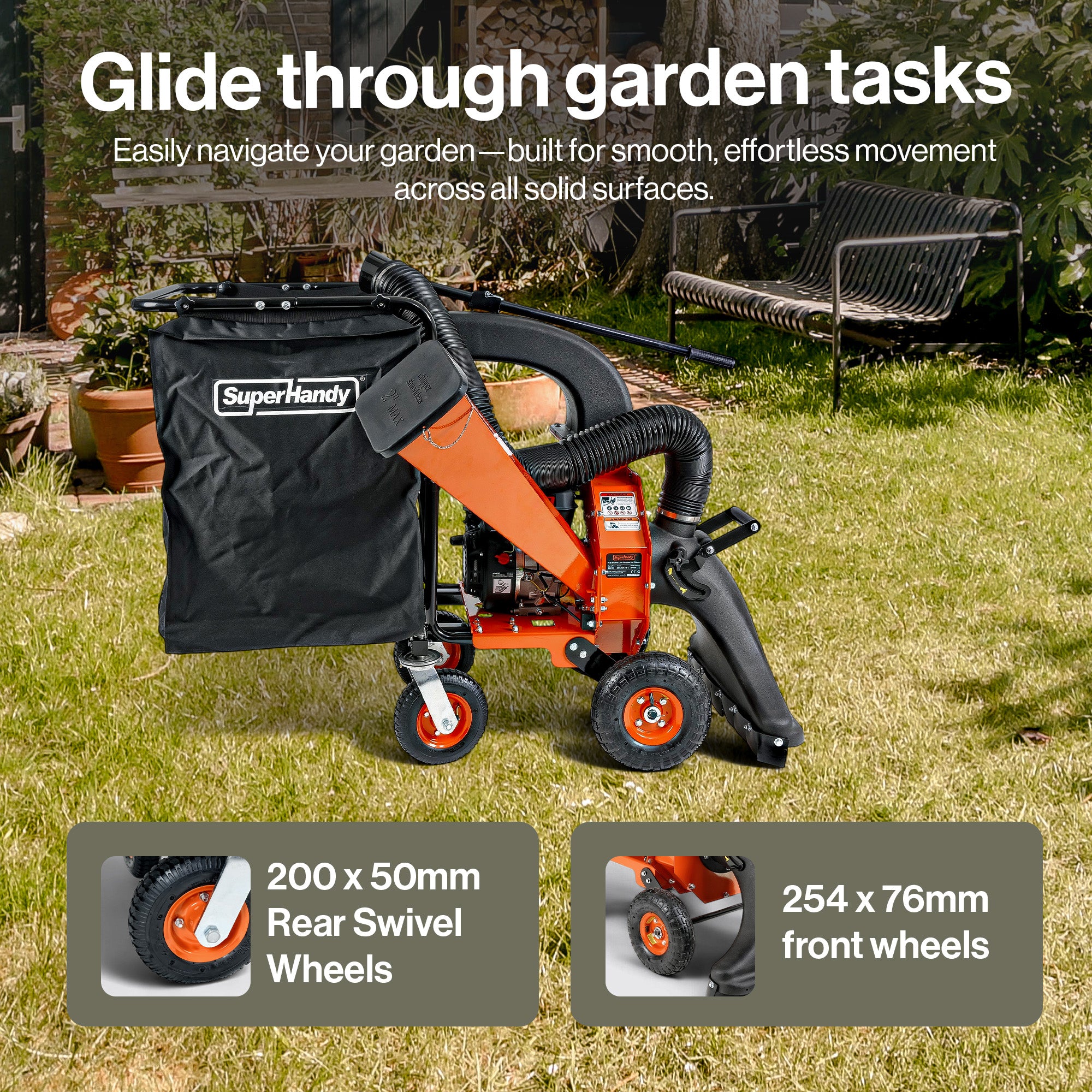 SuperHandy Leaf Vacuum & Wood Chipper -196CC Gas Engine, 10:1 Mulch Ratio, 175 L Collection Bag Capacity, Castor Wheels, Dual Function: Walk-Behind Leaf Vacuum Mulcher & Wood Chipper