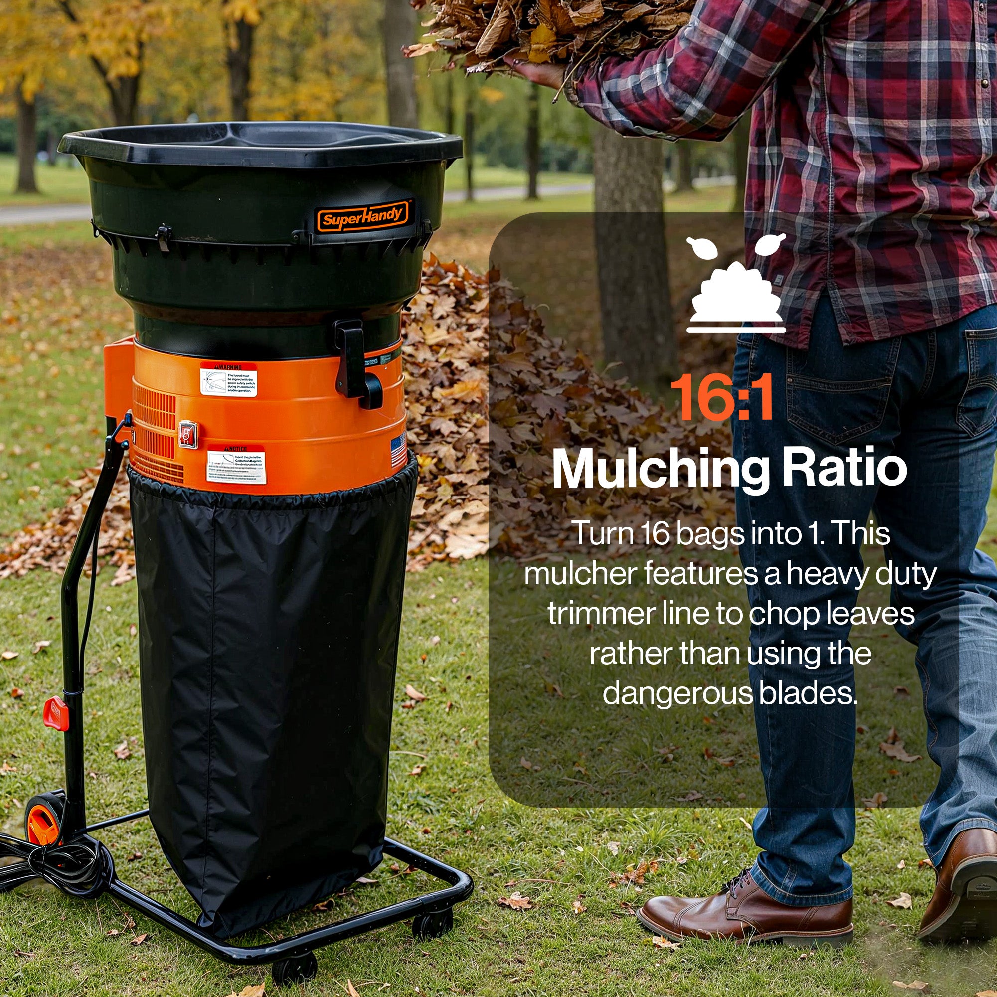 SuperHandy Electric Bladeless Mulcher & Shredder for Garden Leaves– 1800 W Motor, 50 cm Funnel, 16:1 Mulch Ratio, 80 L Collection Bag,600 cm Extension Cord,8.5 kg Lightweight Design