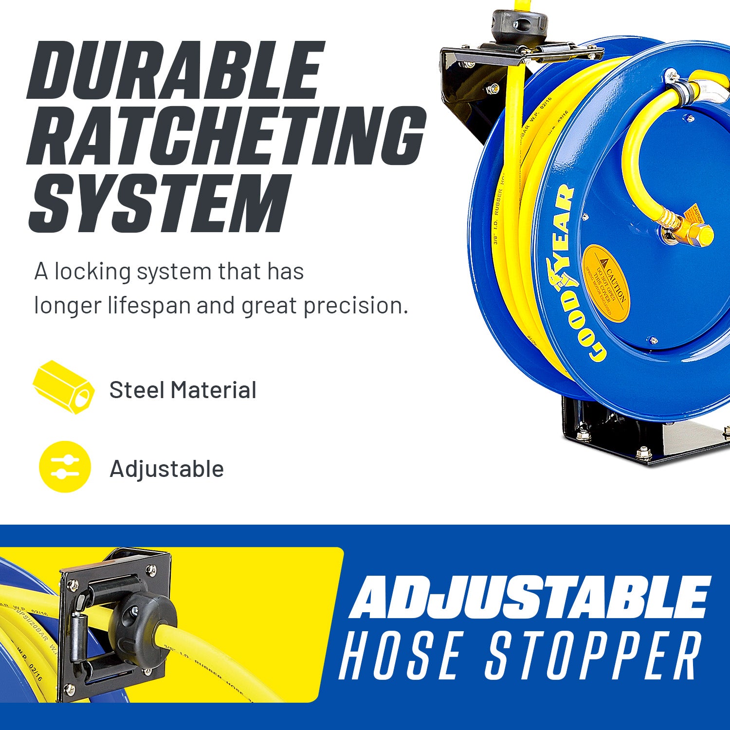 Goodyear Air Hose Reel Retractable 9.5mm x 15m 20BAR SBR Rubber Hose Heavy Duty Industrial Steel Single Arm Construction