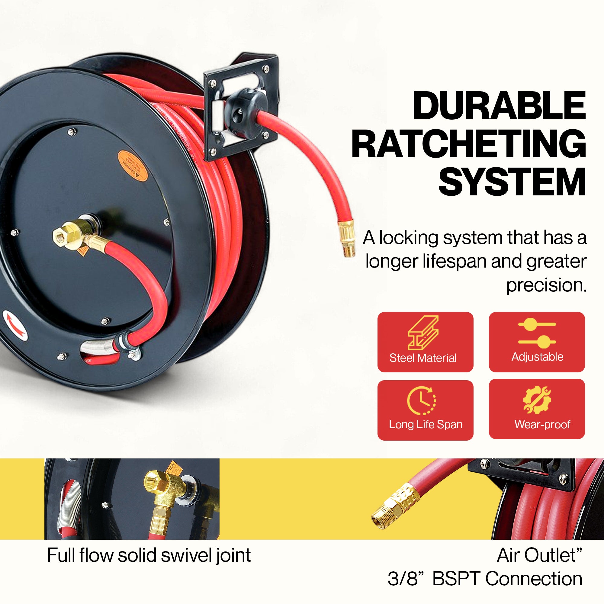 ReelWorks Industrial Retractable Air Hose Reel, 9.5mm x 15m, 20 Bar Max Flex Hybrid Polymer Hose