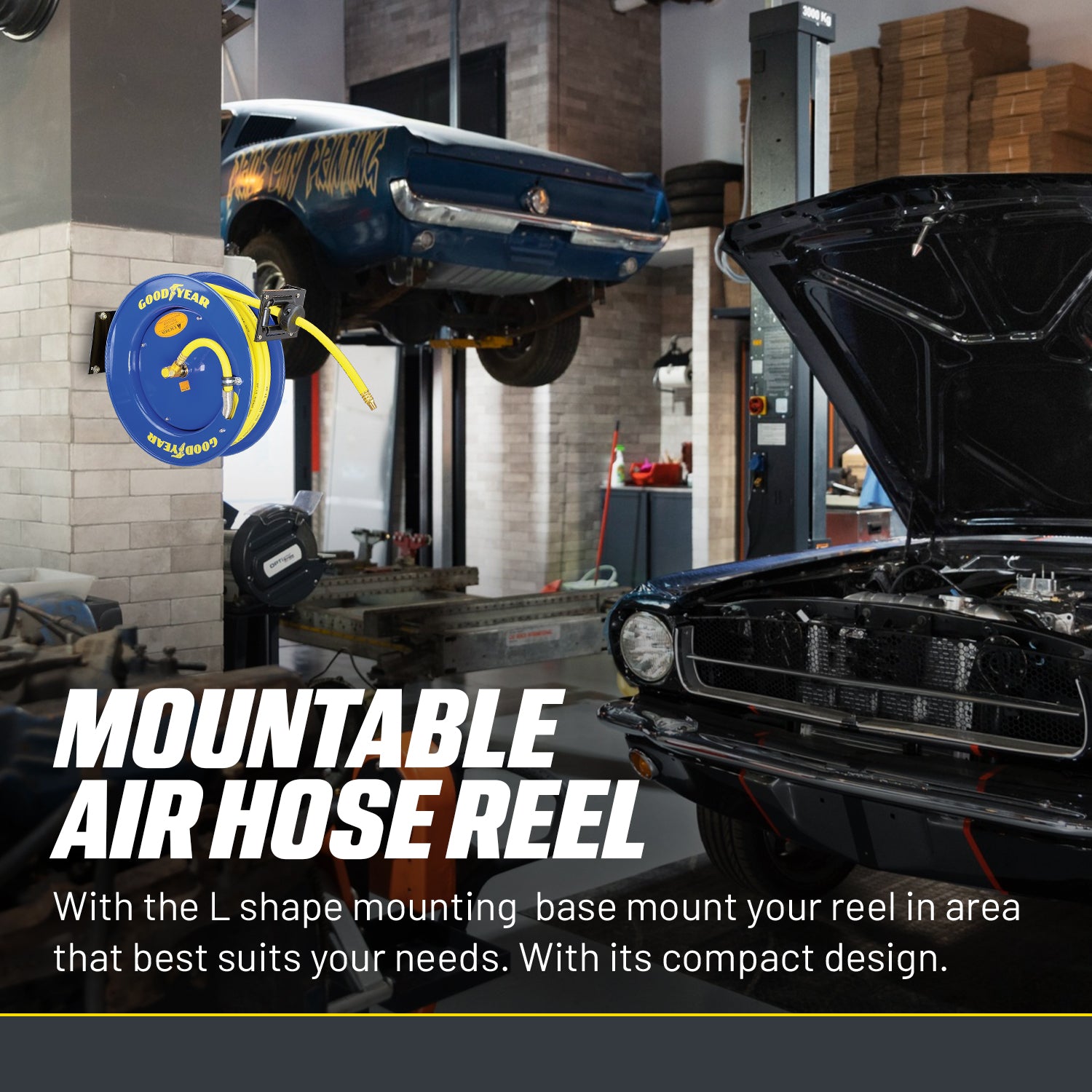 Goodyear Air Hose Reel Retractable 9.5mm x 15m 20BAR SBR Rubber Hose Heavy Duty Industrial Steel Single Arm Construction