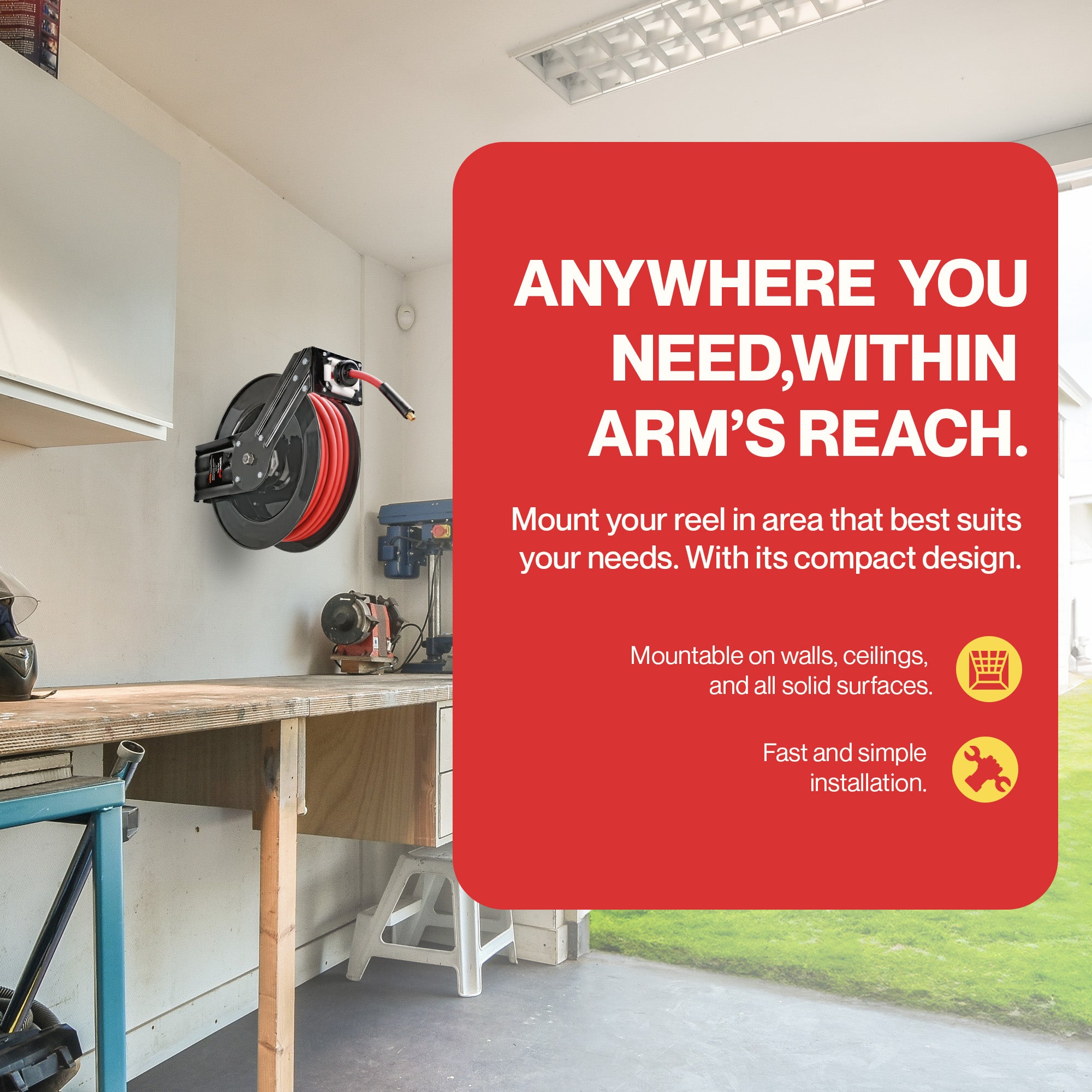 ReelWorks Industrial Retractable Air Hose Reel, 9.5mm x 15m, 20 Bar Max Flex Hybrid Polymer Hose