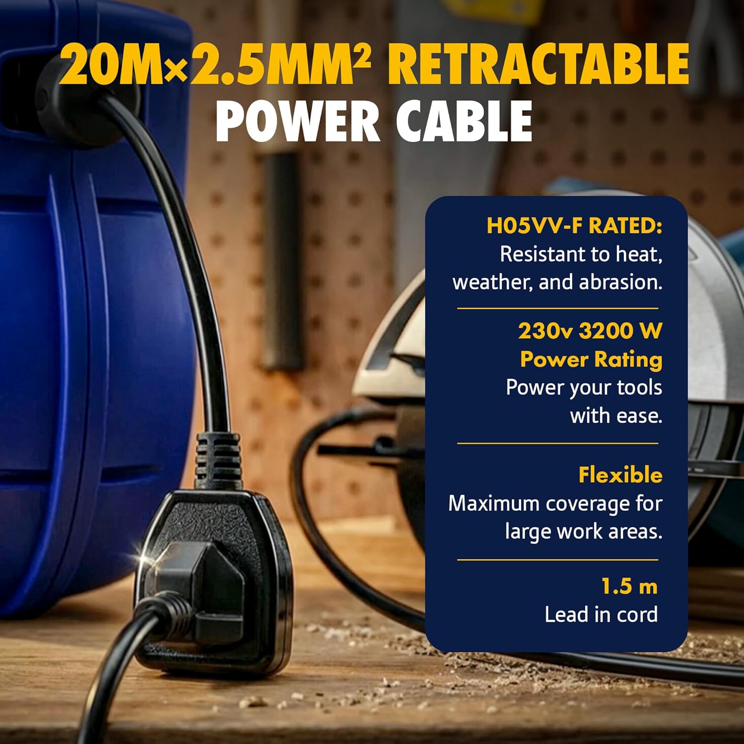 Goodyear Cord Reel Retractable Extension Extra Long 20m (65ft) x 3G2.5mm² H05VV-F 3200W Max Industrial Polypropylene Ultra Heavy Duty Commercial Premium Grade Cable Reel