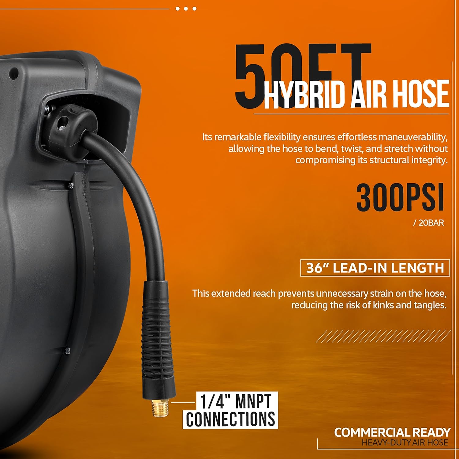 SuperHandy Retractable Air Hose Reel - 3/8" x 15m (50ft), Spring Driven, 300PSI/20BAR Max, Premium Flex Hybrid Polymer Hose