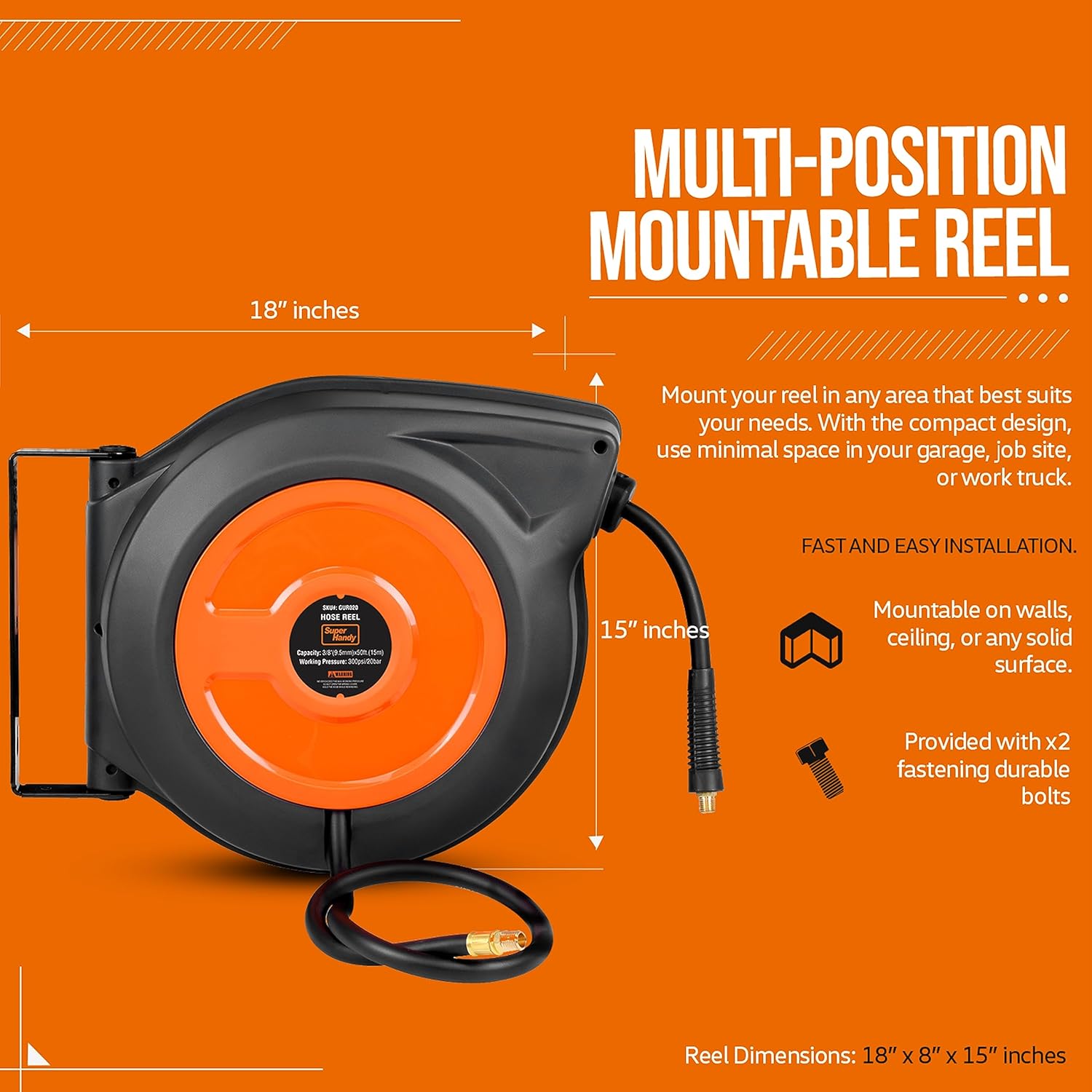 SuperHandy Retractable Air Hose Reel - 3/8" x 15m (50ft), Spring Driven, 300PSI/20BAR Max, Premium Flex Hybrid Polymer Hose