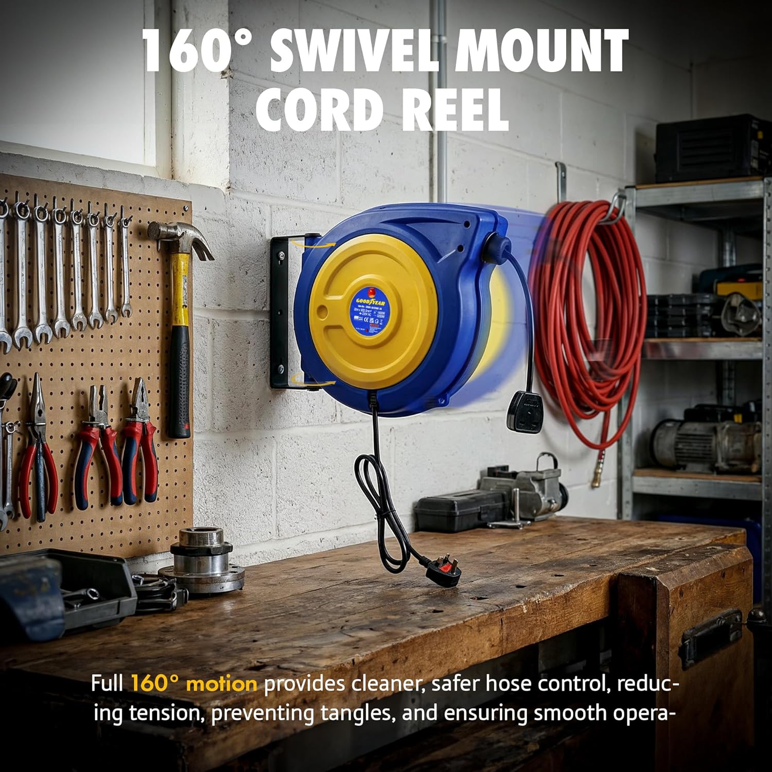 Goodyear Cord Reel Retractable Extension Extra Long 20m (65ft) x 3G2.5mm² H05VV-F 3200W Max Industrial Polypropylene Ultra Heavy Duty Commercial Premium Grade Cable Reel