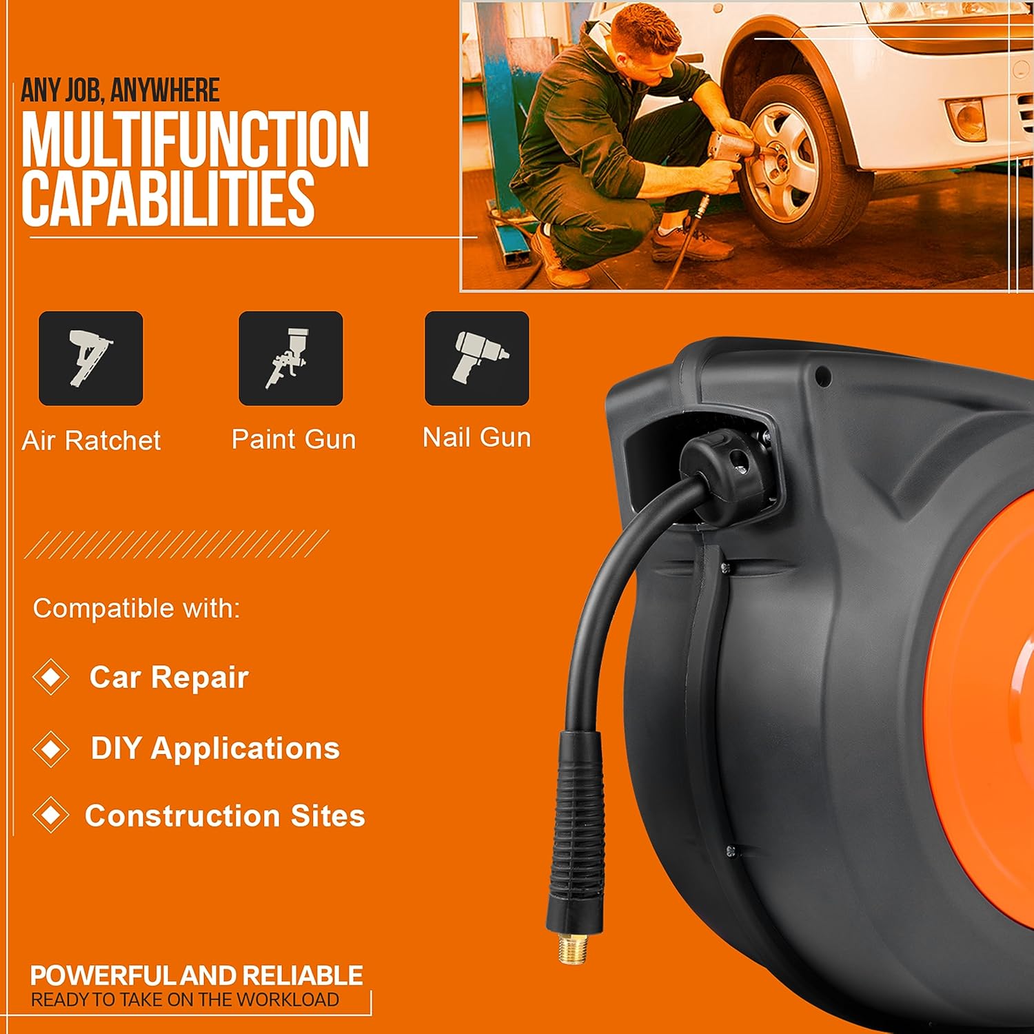 SuperHandy Retractable Air Hose Reel - 3/8" x 15m (50ft), Spring Driven, 300PSI/20BAR Max, Premium Flex Hybrid Polymer Hose