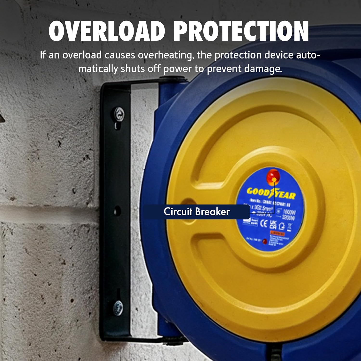 Goodyear Cord Reel Retractable Extension Extra Long 20m (65ft) x 3G2.5mm² H05VV-F 3200W Max Industrial Polypropylene Ultra Heavy Duty Commercial Premium Grade Cable Reel