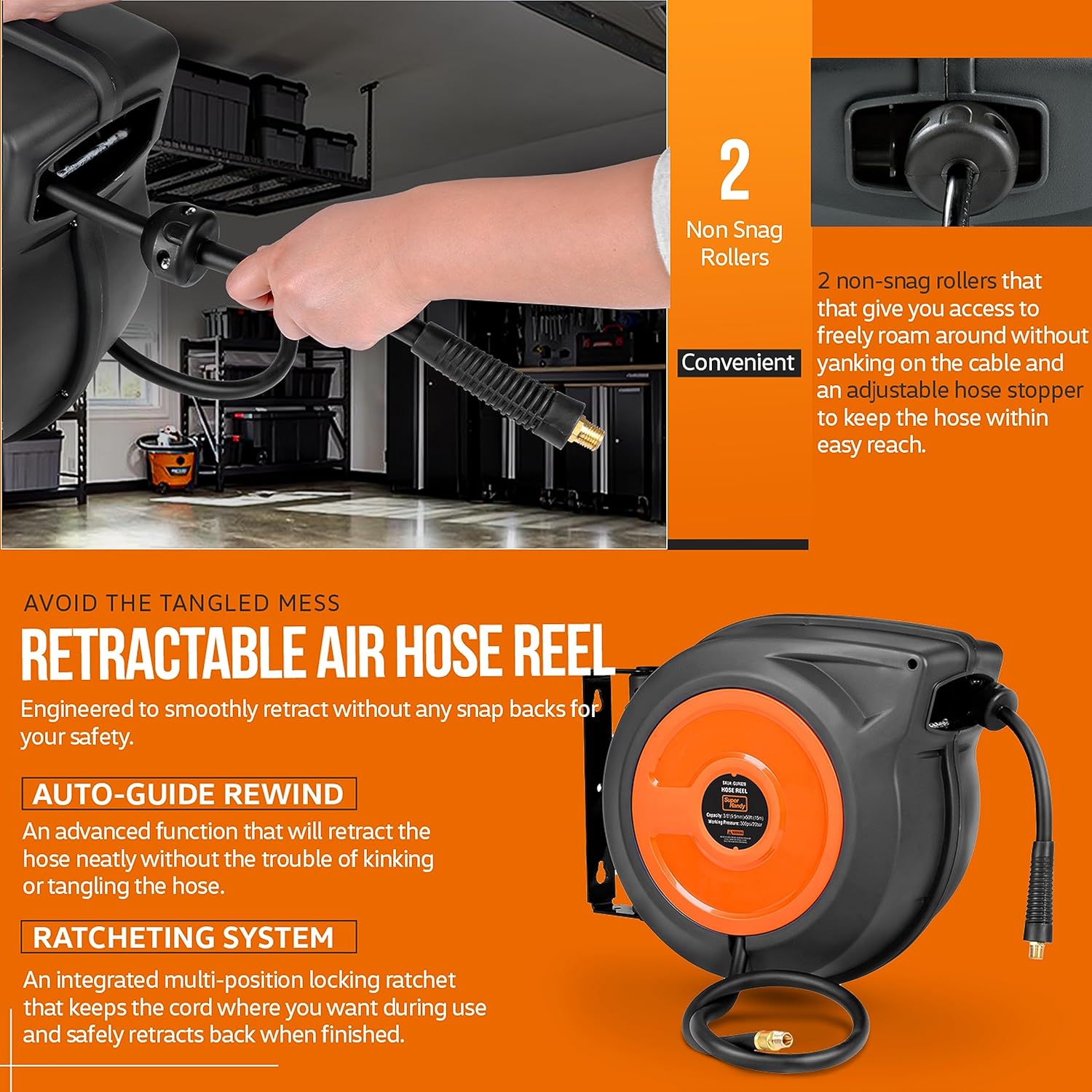 SuperHandy Retractable Air Hose Reel - 3/8" x 15m (50ft), Spring Driven, 300PSI/20BAR Max, Premium Flex Hybrid Polymer Hose