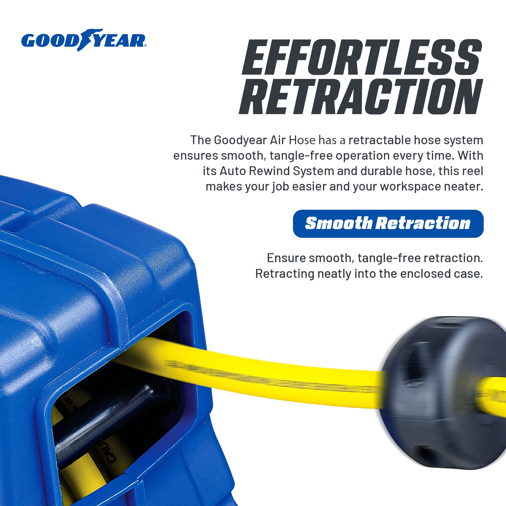 Goodyear Wall-Mountable Retractable Air Hose Reel - 3/8" (9.5mm) x 50' (15m), 3' (0.9m) Lead-In Hose Max 20BAR