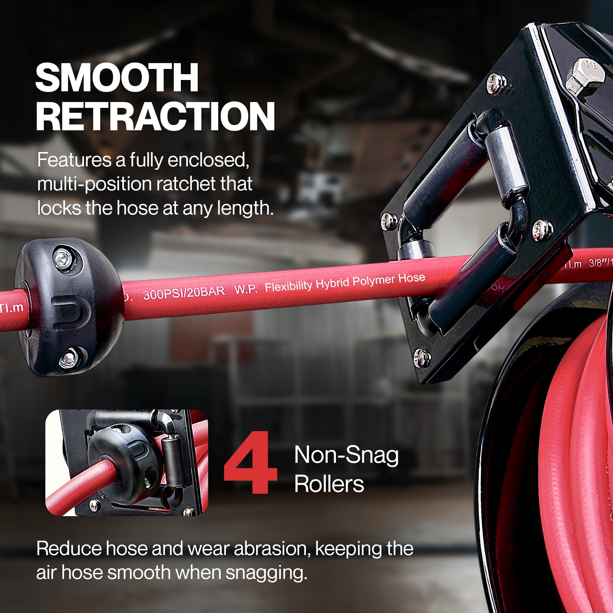 ReelWorks Industrial Retractable Air Hose Reel, 9.5mm x 15m, 20 Bar Max Flex Hybrid Polymer Hose