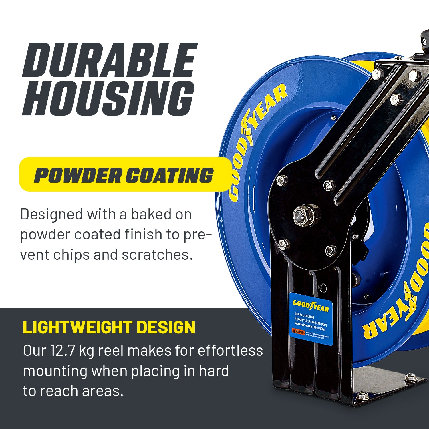 Goodyear Air Hose Reel Retractable 9.5mm x 15m 20BAR SBR Rubber Hose Heavy Duty Industrial Steel Single Arm Construction