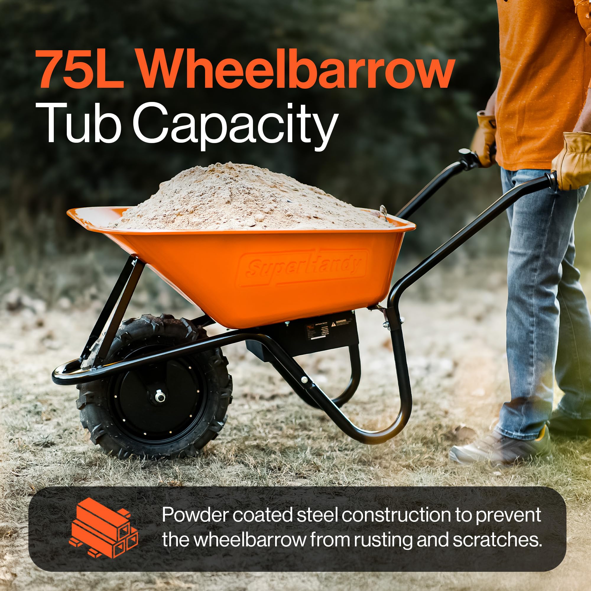 SuperHandy Cordless Electric Wheelbarrow Utility Cart, 48V 2Ah Battery Powered, 75L Steel Tub, 150kg Load Capacity Garden Trolley, Material & Debris Hauler