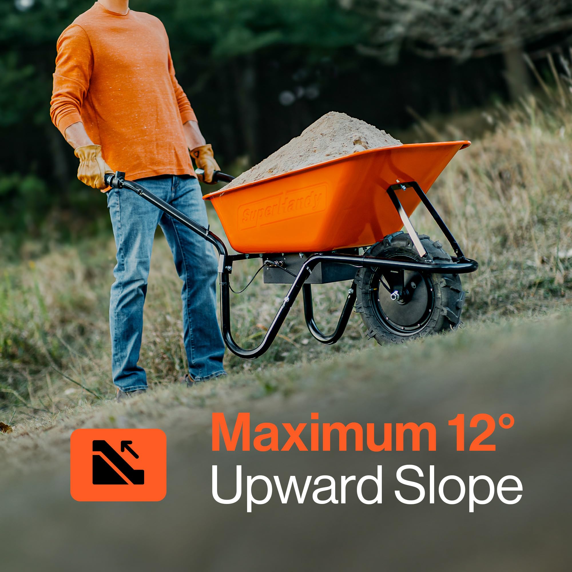 SuperHandy Cordless Electric Wheelbarrow Utility Cart, 48V 2Ah Battery Powered, 75L Steel Tub, 150kg Load Capacity Garden Trolley, Material & Debris Hauler