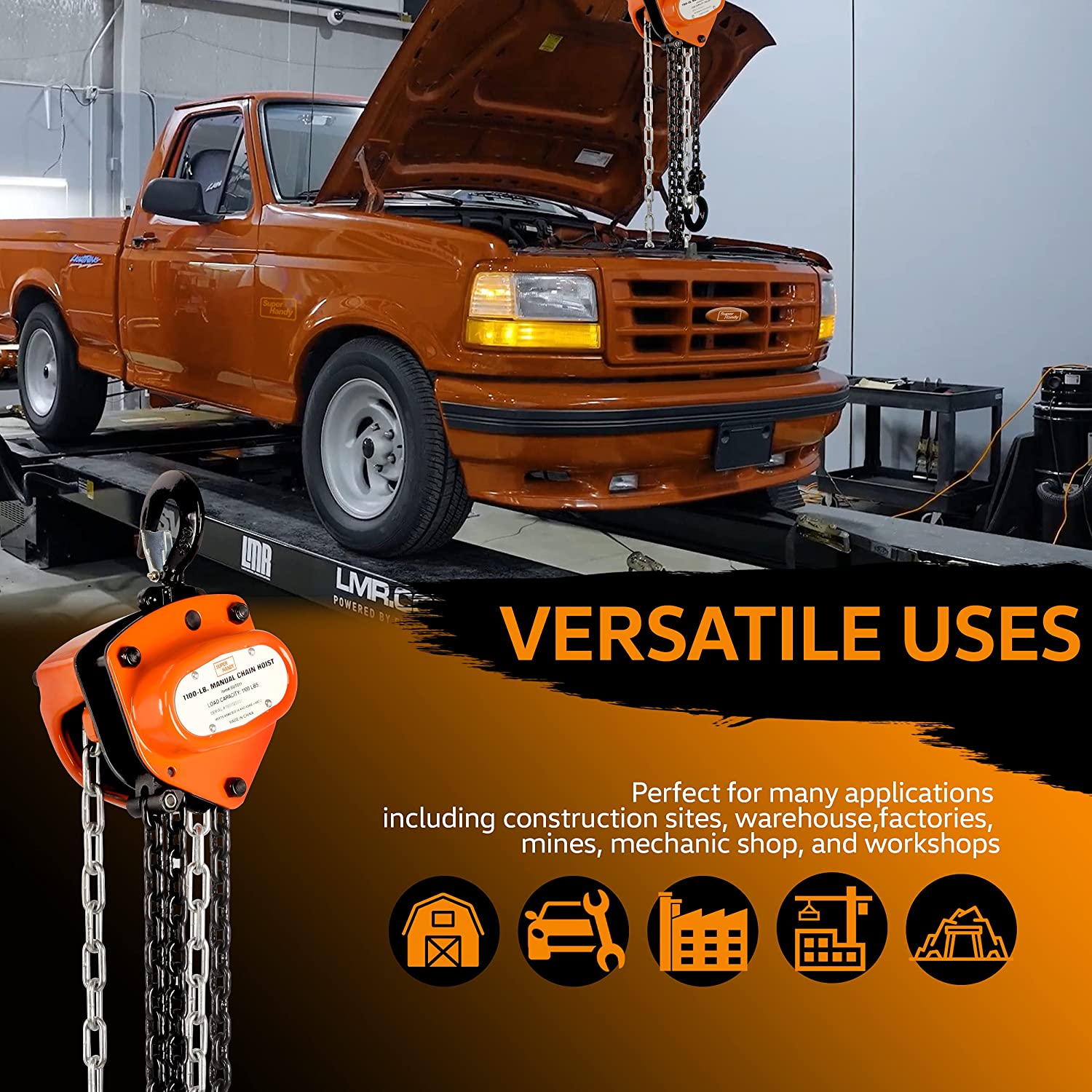 SuperHandy Manual Chain Block Hoist Come Along 1 TON 2200LBS Capacity - Hoist has an Aluminum Alloy Hand Wheel for lifting or dragging at a MAX Lift of 10FT, Head Room of 12" & Load Chain Diameter of 6mm at a MAX weight capacity of 1 TON 2200LBS (1000Kg) - Great Circle UK