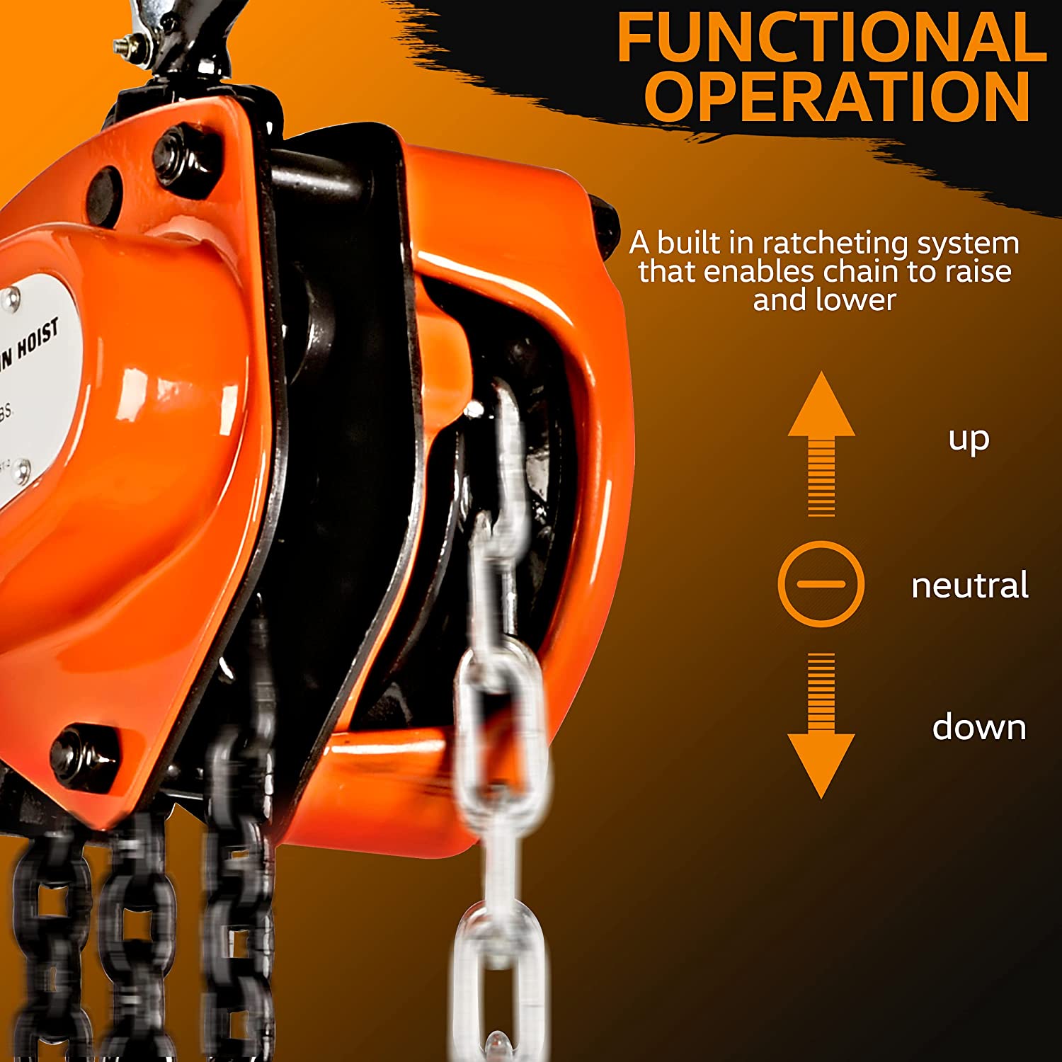 SuperHandy Manual Chain Block Hoist Come Along 1 TON 2200LBS Capacity - Hoist has an Aluminum Alloy Hand Wheel for lifting or dragging at a MAX Lift of 10FT, Head Room of 12" & Load Chain Diameter of 6mm at a MAX weight capacity of 1 TON 2200LBS (1000Kg) - Great Circle UK