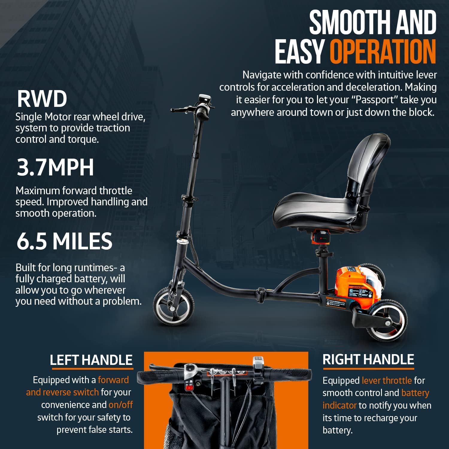SuperHandy Folding Electric Mobility Scooter - 48V 2Ah Battery System, Lightweight, Long Range + Extra Battery