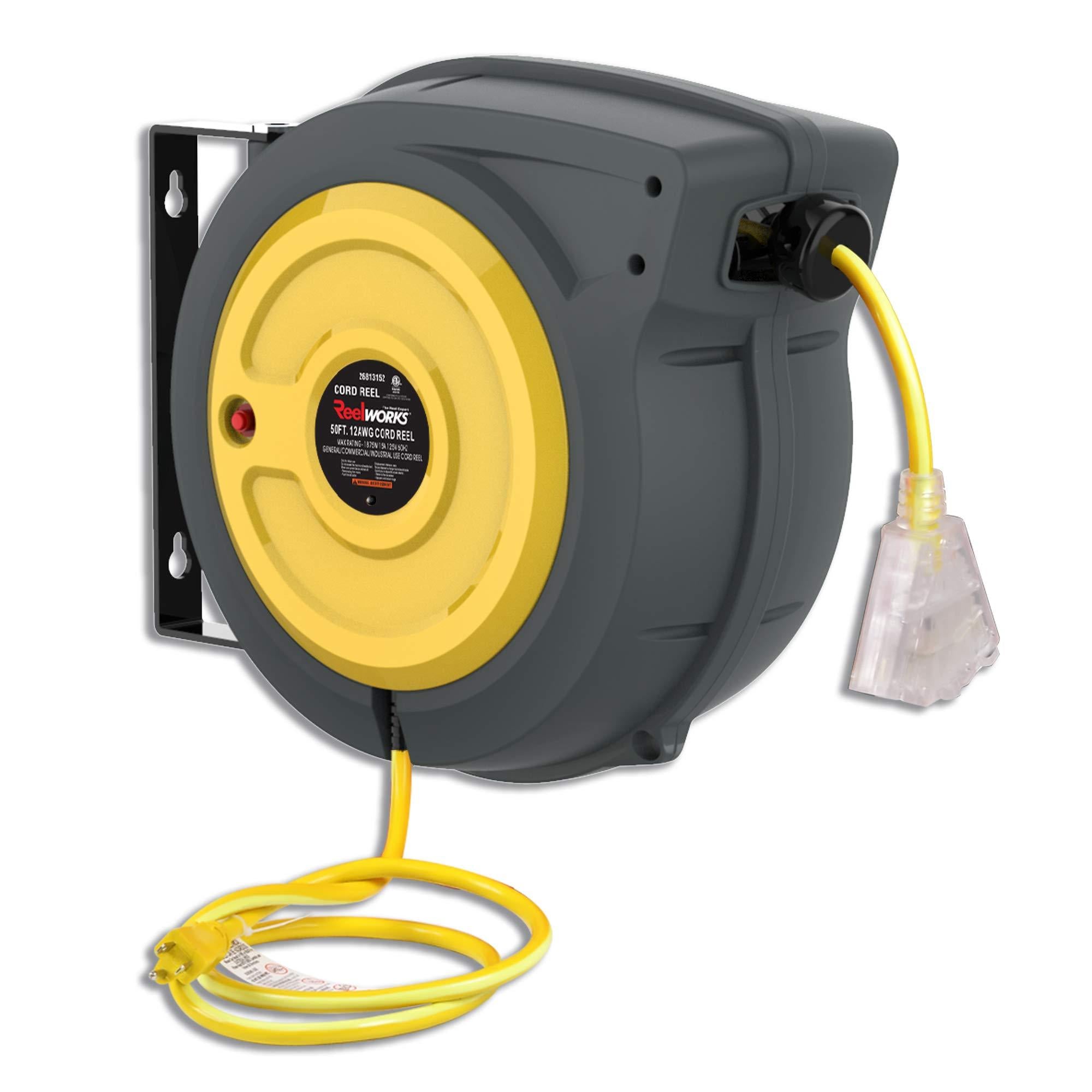 REELWORKS Extension Cord Reel Retractable Newest Tech 12AWG x 50' Feet Premium Grade Ultra Flexible 3C/SJTOW Glow Strip Cable, a Triple Tap Connector with Advanced SRT - Great Circle UK