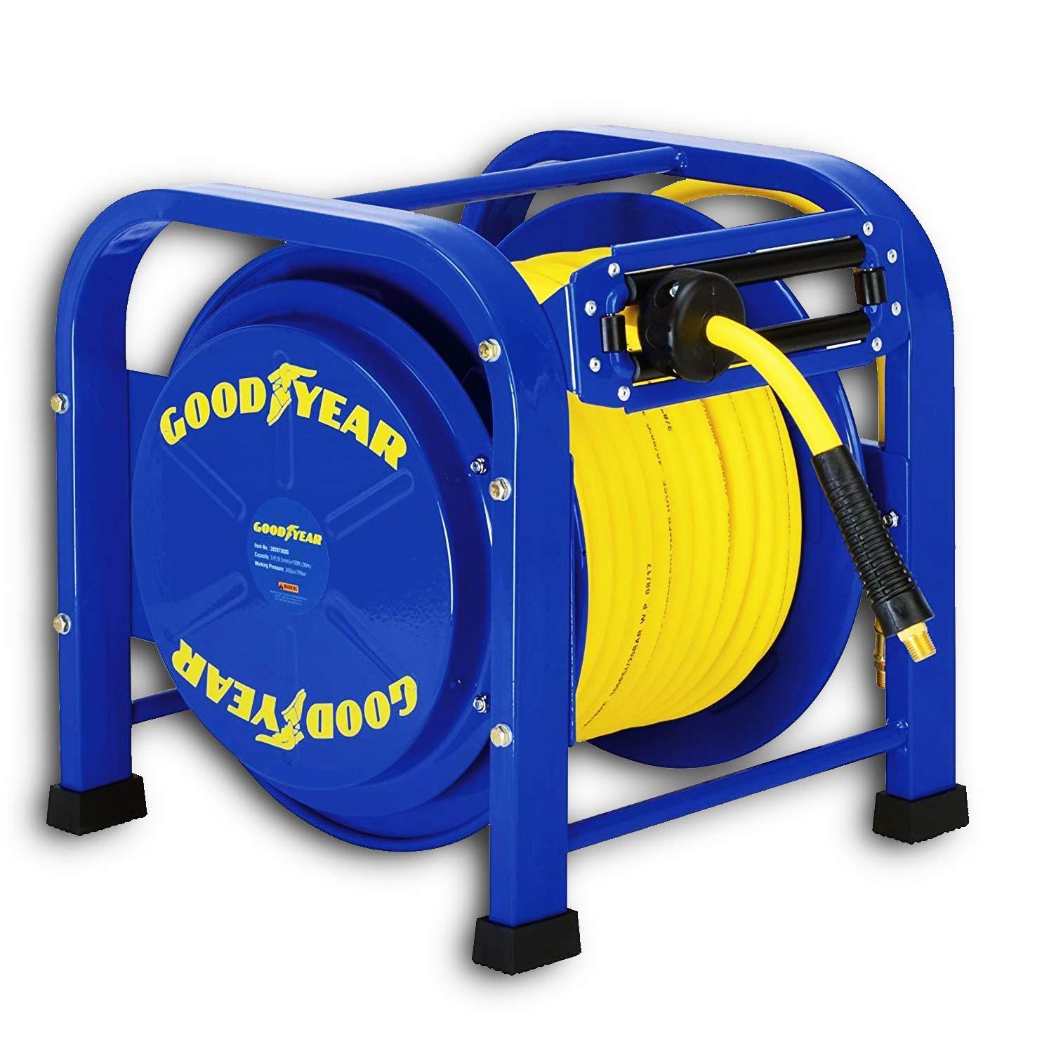 GOODYEAR Air-Hose-Reel Retractable 3/8" Inch x 100 Feet 300 Psi / 20 Bar Spring Driven Steel Elite Portable Quad Pod Heavy Duty Industrial Longest Premium Commercial Flex Hybrid Polymer - Great Circle UK