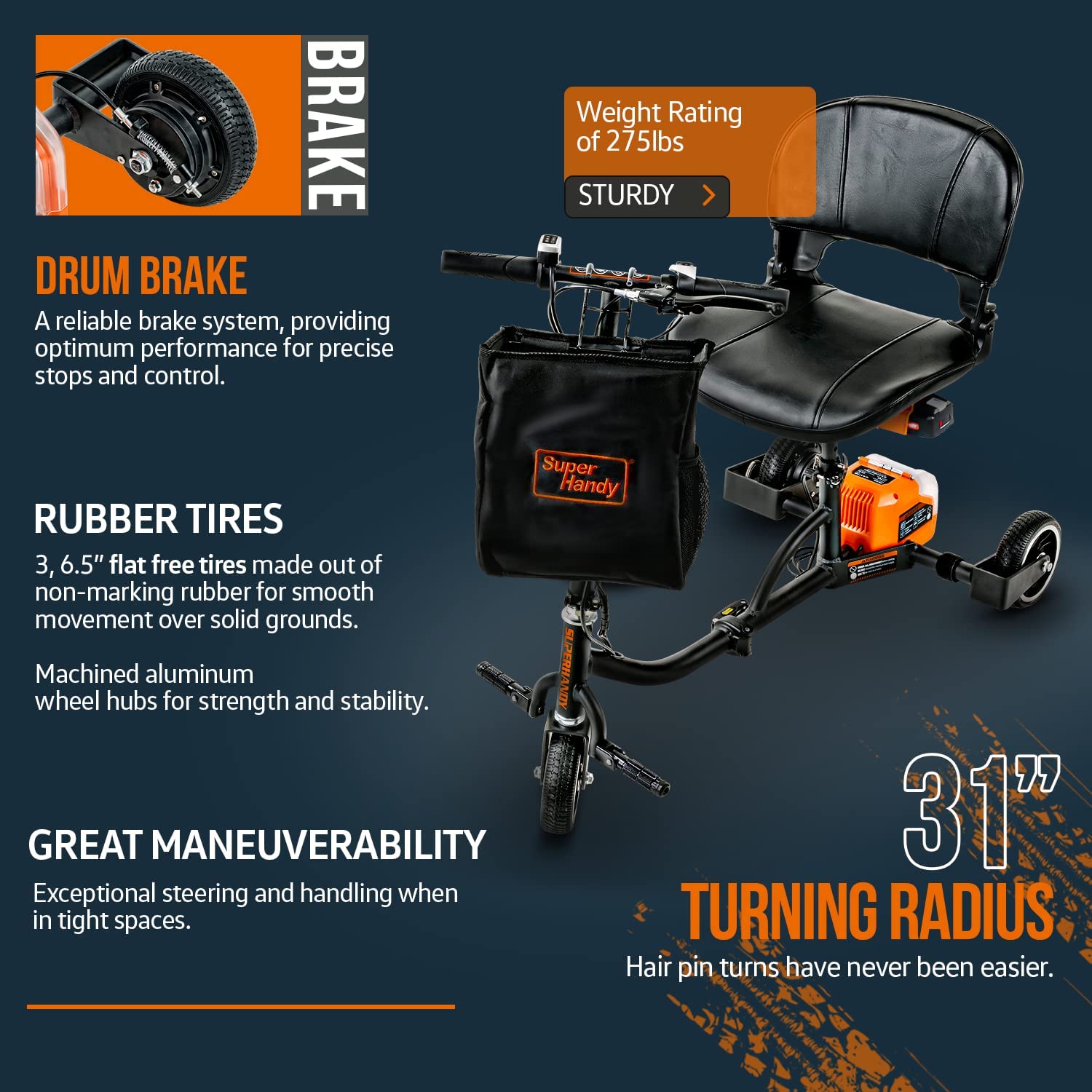 SuperHandy Folding Electric Mobility Scooter - 48V 2Ah Battery System, Lightweight, Long Range + Extra Battery