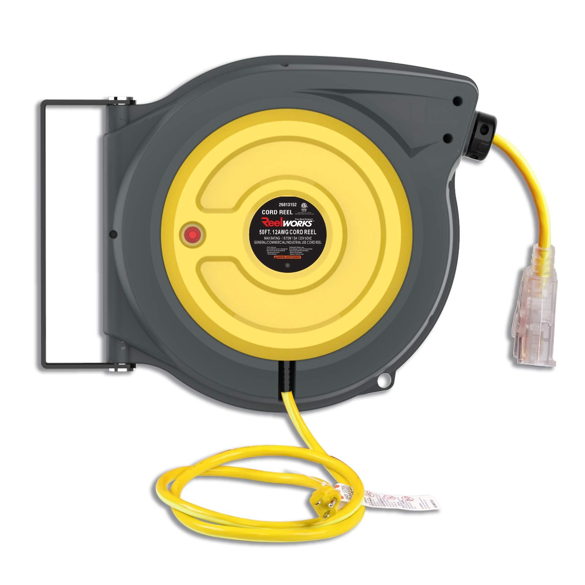 REELWORKS Extension Cord Reel Retractable Newest Tech 12AWG x 50' Feet Premium Grade Ultra Flexible 3C/SJTOW Glow Strip Cable, a Triple Tap Connector with Advanced SRT - Great Circle UK