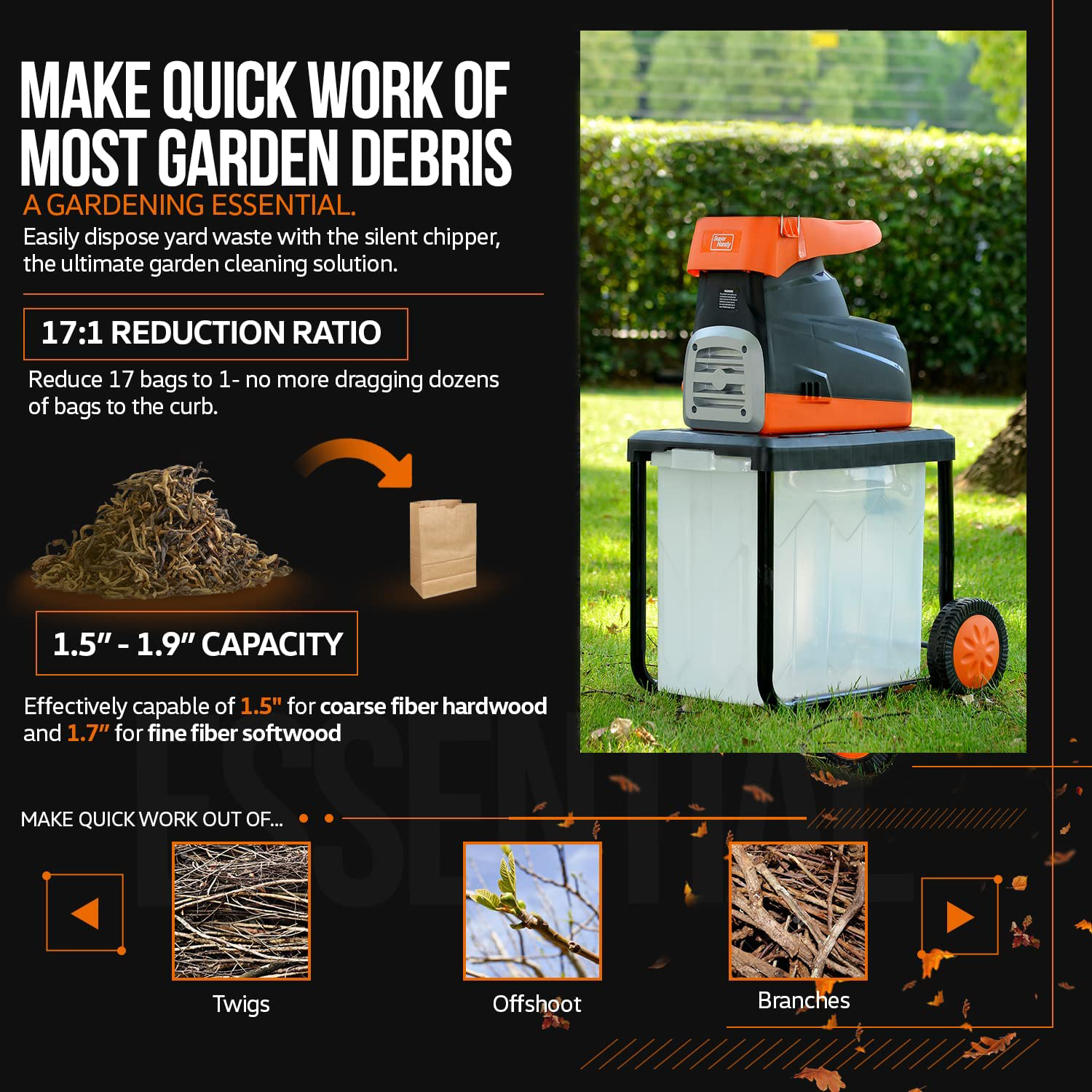 SuperHandy Electric Garden Shredder Mulcher, 230V 2800W Ultra Quiet Motor, 45mm Max Cutting Capacity, 17:1 Reduction Ratio, 50L Collection Bin