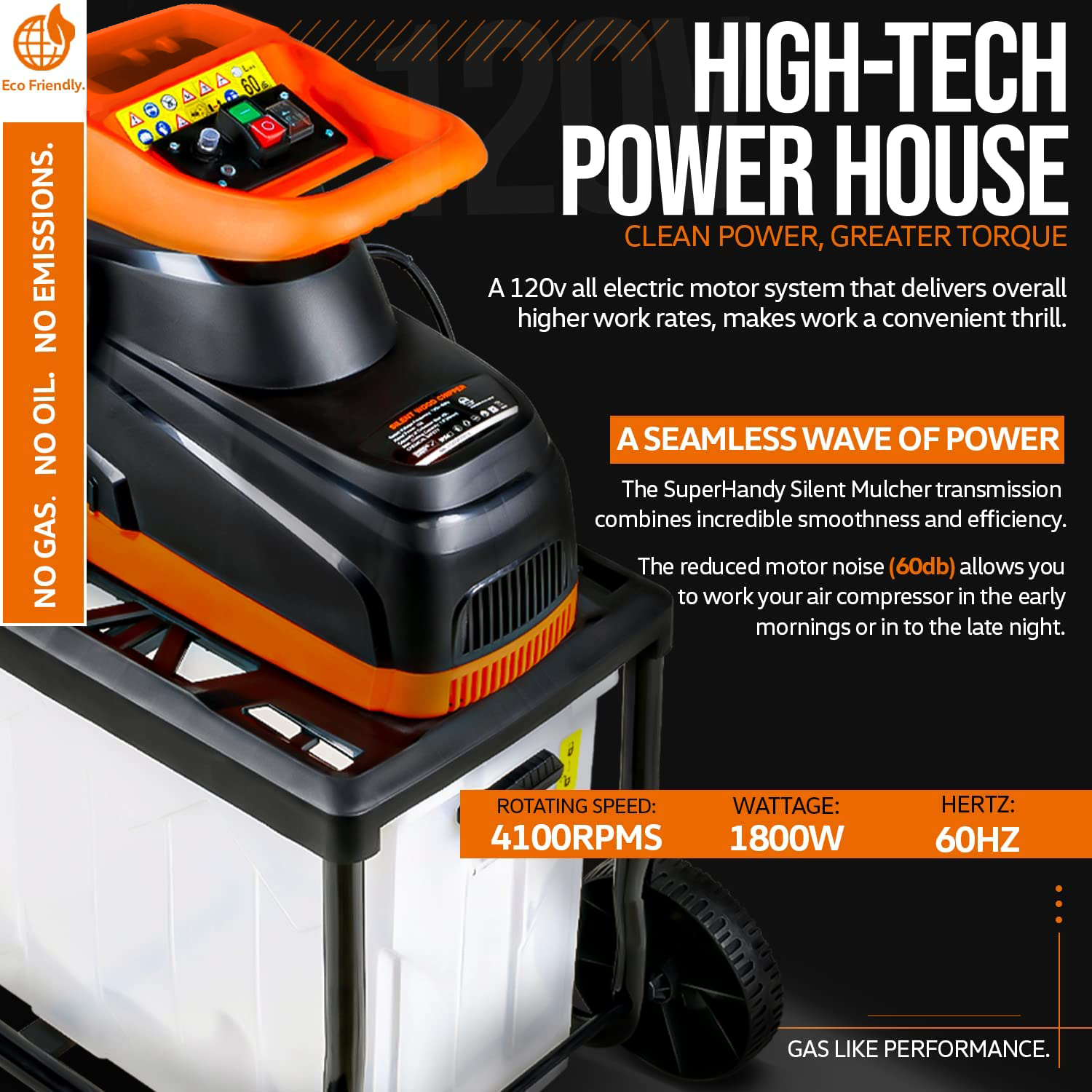 SuperHandy Electric Garden Shredder Mulcher, 230V 2800W Ultra Quiet Motor, 45mm Max Cutting Capacity, 17:1 Reduction Ratio, 50L Collection Bin