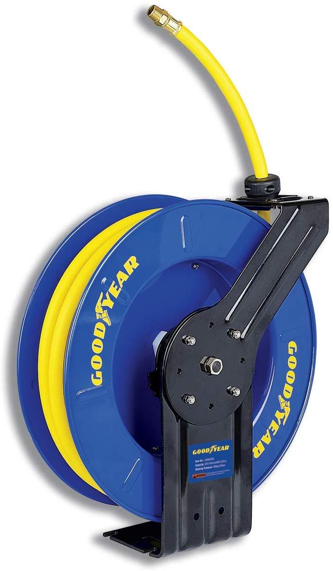 GOODYEAR Air-Hose-Reel Retractable 3/8" Inch x 65' Feet Extra Long Premium Commercial SBR Hose Max 300 Psi Reinforced Steel Construction Spring Driven Heavy Duty Industrial Single Arm & Base - Great Circle UK