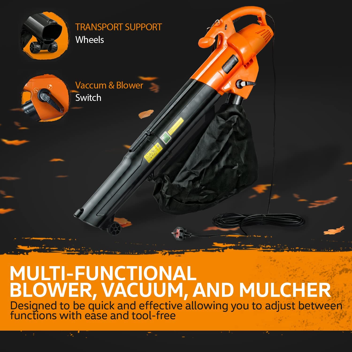SuperHandy 3 in 1 Leaf Blower, Vacuum and Mulcher Electric 230V 12-Amp Corded Debris Duster 220MPH