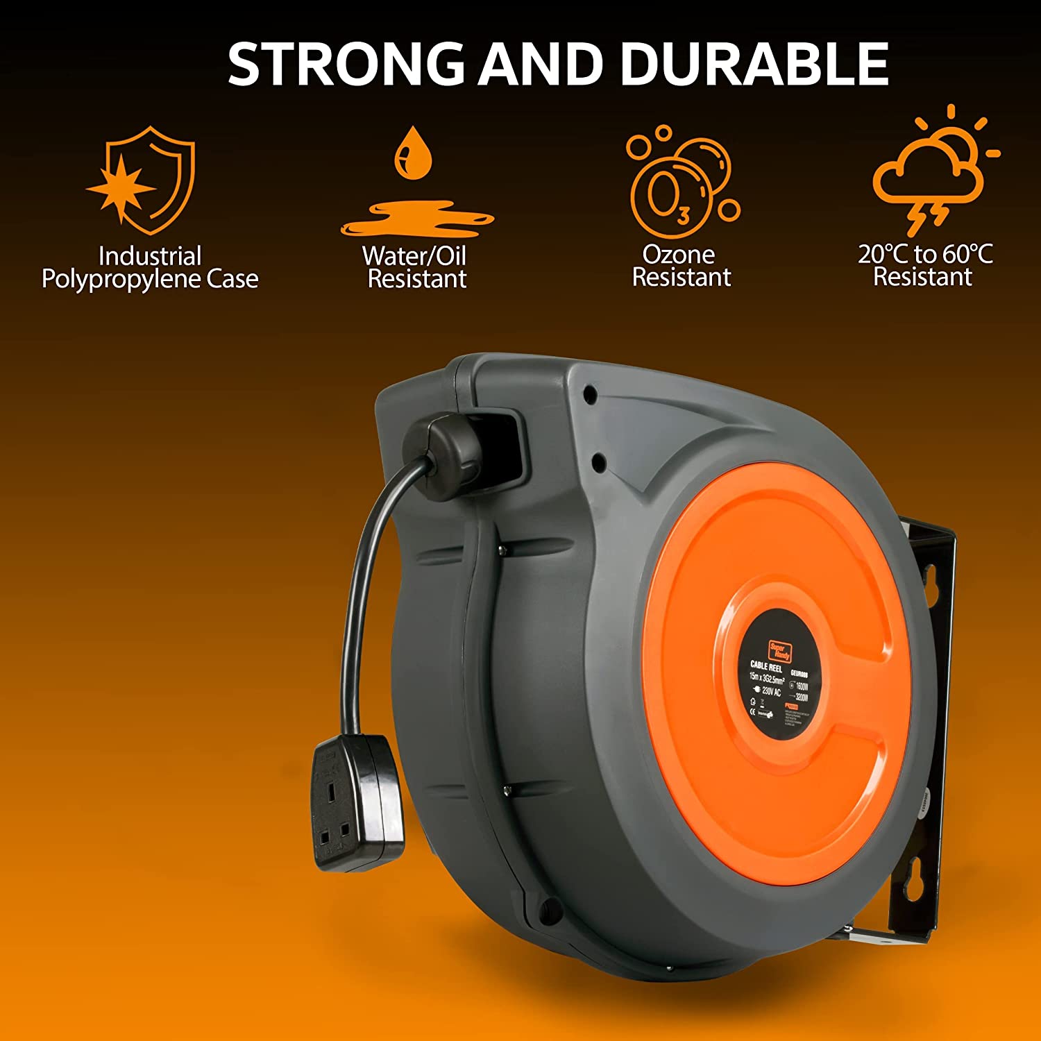 SuperHandy 15m Retractable Extension Cord Reel with Ultra-Flexible Cable for Heavy-Duty Industrial Use