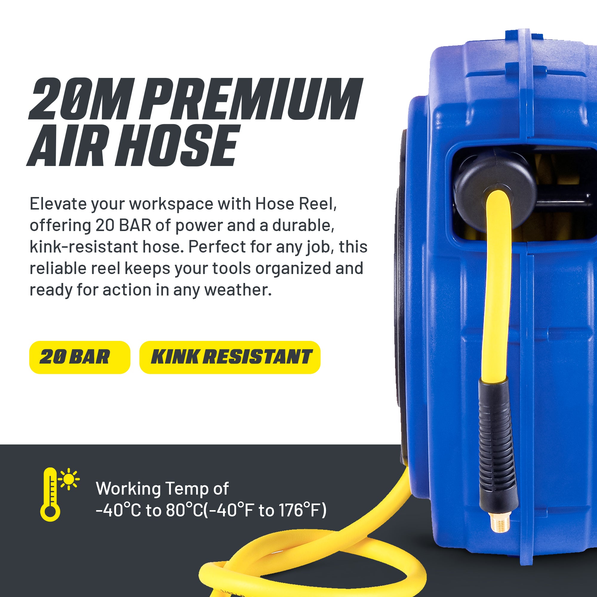Goodyear Air Hose Reel Retractable 9.5mm x 20m Hybrid Polymer Hose Max 20BAR Commercial Polypropylene Construction