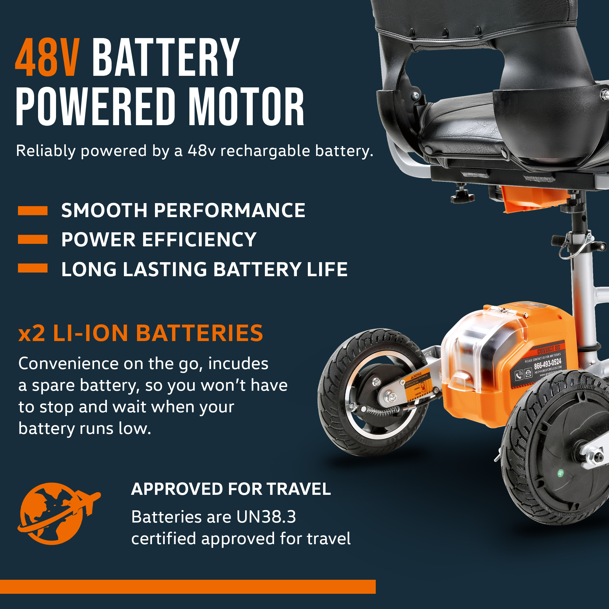 SuperHandy 3 Wheel Folding Mobility Scooter Plus device (Upgraded Design) - Electric Powered, Airline Friendly - Long Range Travel w/ 2 Detachable 48V Lithium-ion Batteries and Charger