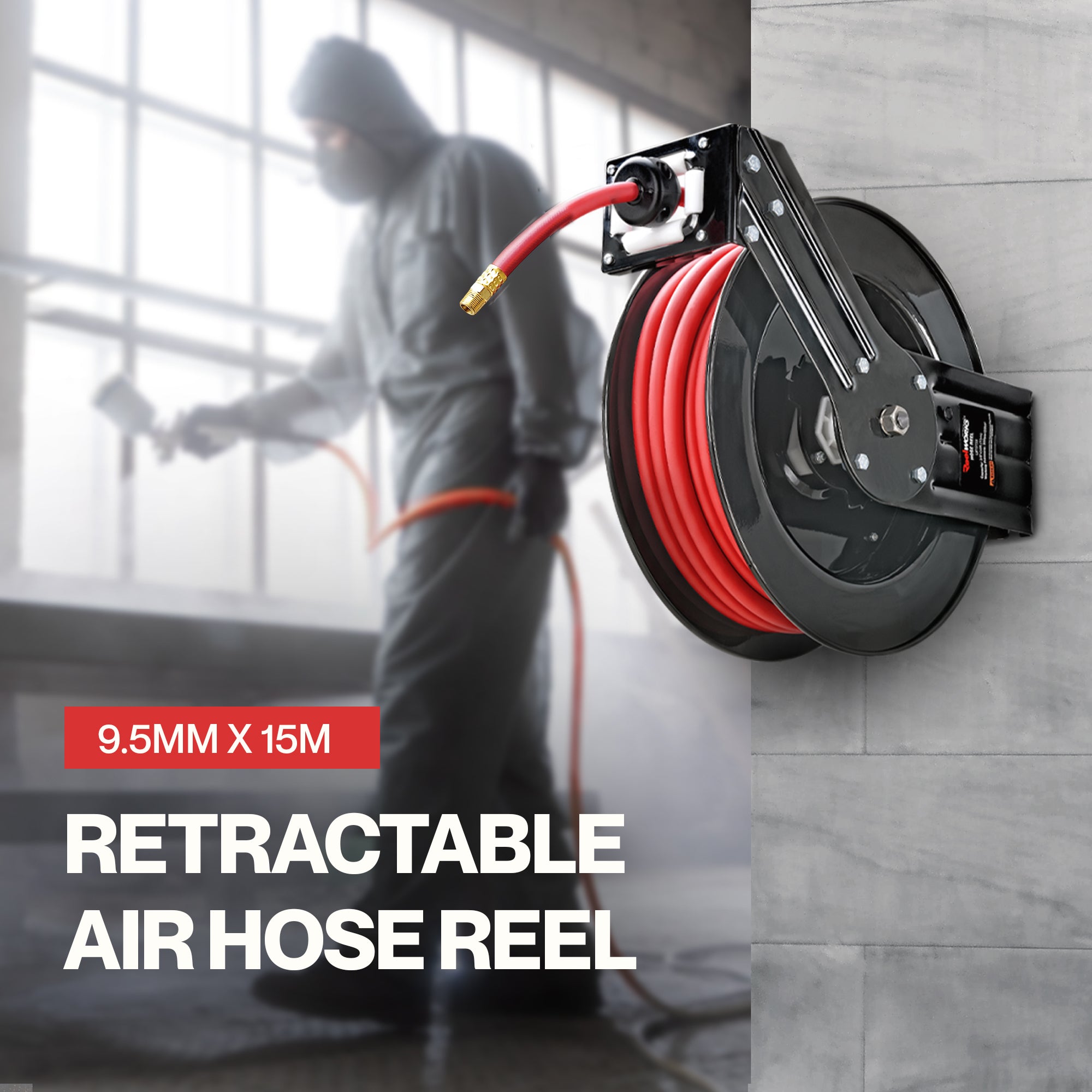ReelWorks Industrial Retractable Air Hose Reel, 9.5mm x 15m, 20 Bar Max Flex Hybrid Polymer Hose