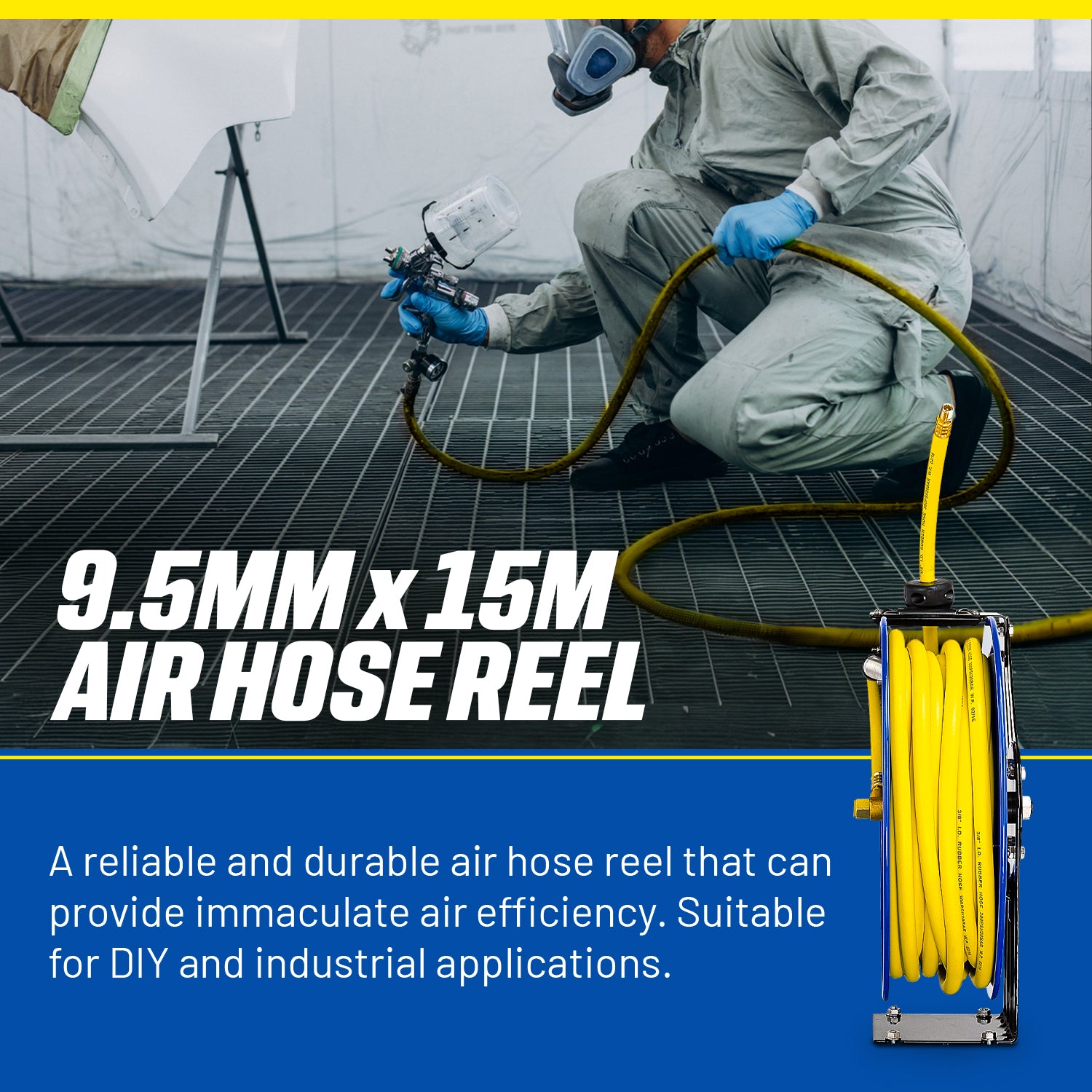 Goodyear Air Hose Reel Retractable 9.5mm x 15m 20BAR SBR Rubber Hose Heavy Duty Industrial Steel Single Arm Construction