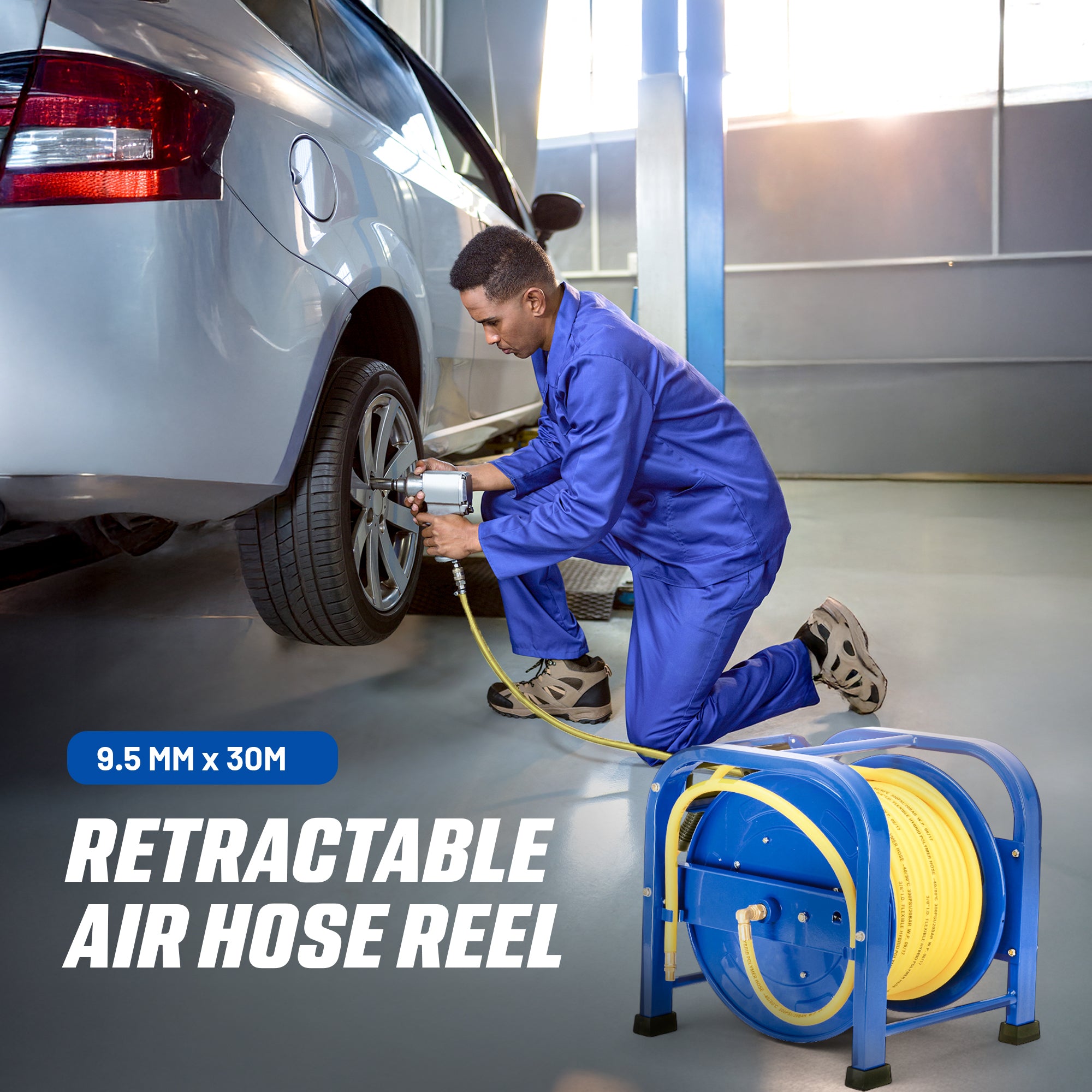 Goodyear Retractable Air Hose Reel: 9.5mm x 30m (20BAR Max) SBR Rubber Hose, Heavy Duty Portable Quad Pod with Industrial Steel Construction