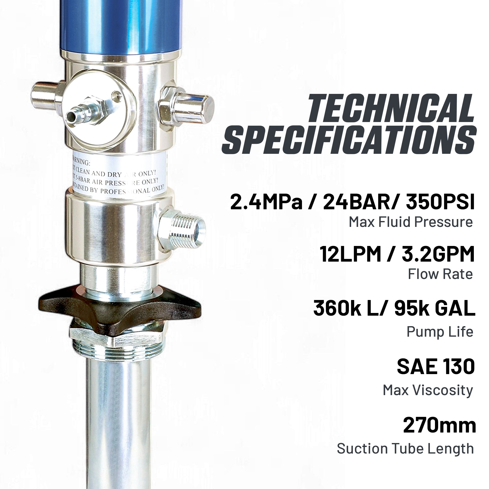 Oil Transfer Pump Air Operated Pneumatic 3.2 Gpm, 12 Lpm Pro Heavy Duty Double Action 3:1 Fast High Flow Rate For Sae130 Oils, Fluids