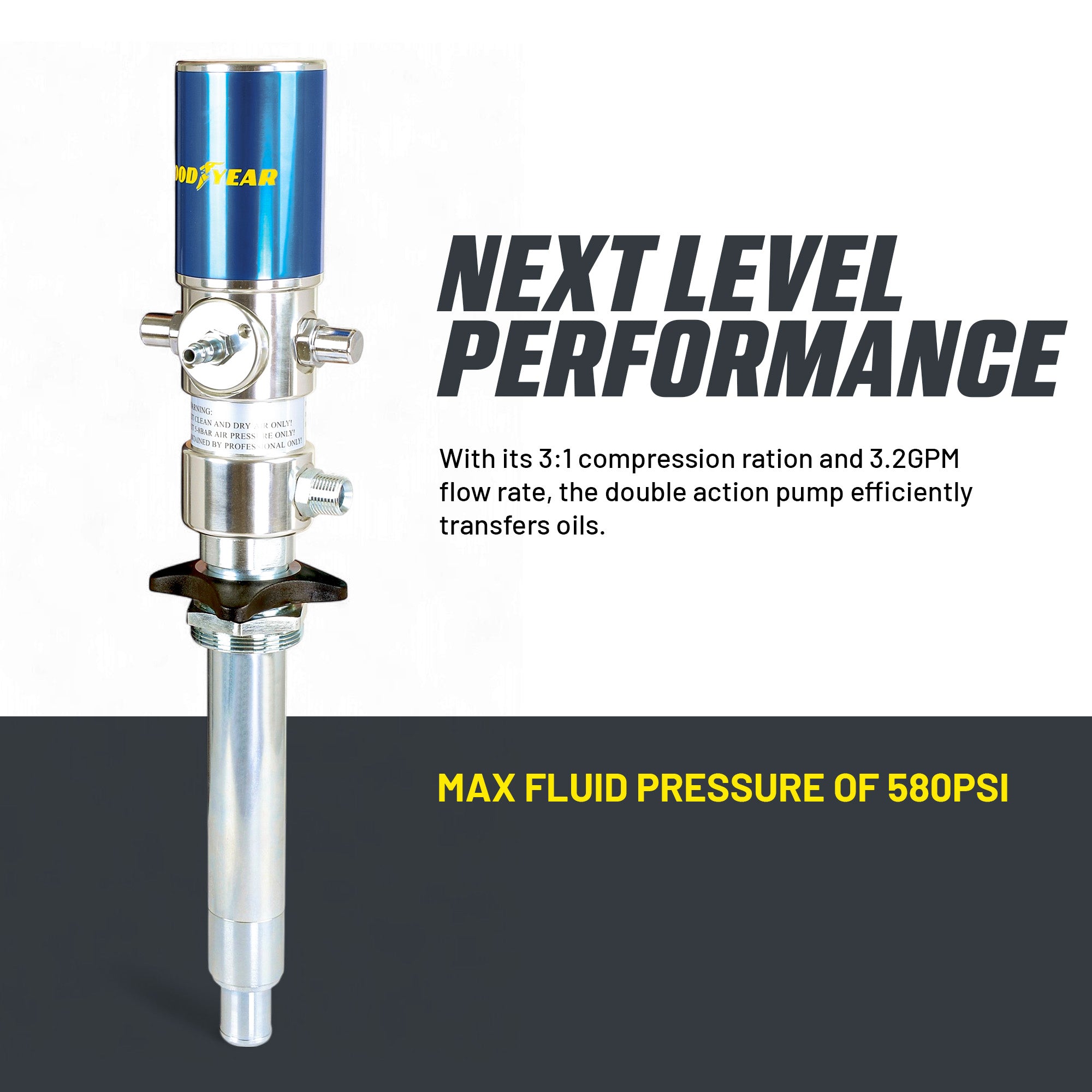 Oil Transfer Pump Air Operated Pneumatic 3.2 Gpm, 12 Lpm Pro Heavy Duty Double Action 3:1 Fast High Flow Rate For Sae130 Oils, Fluids